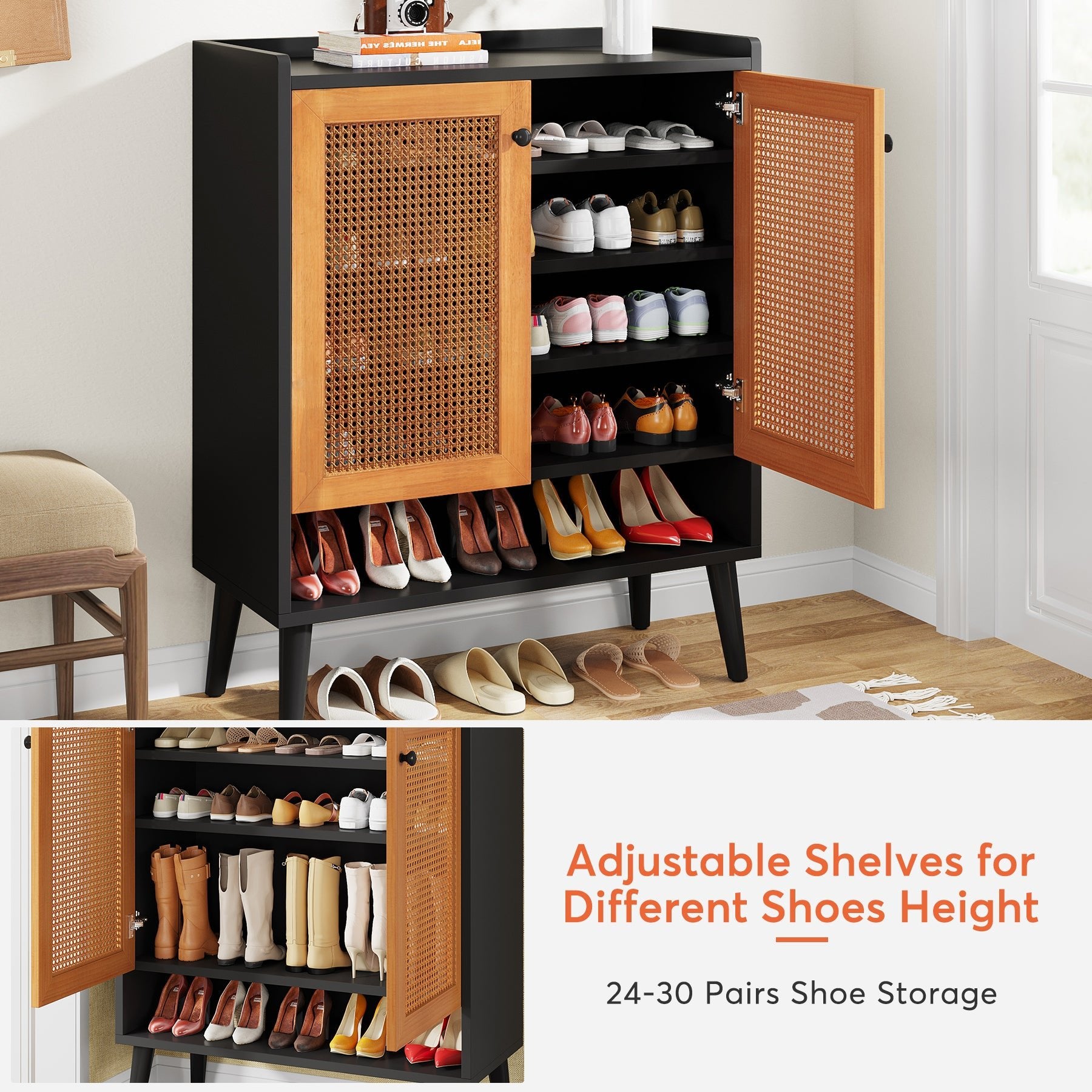 Rattan Shoe Cabinet Shoe Rack Organizer with Removable Shelves