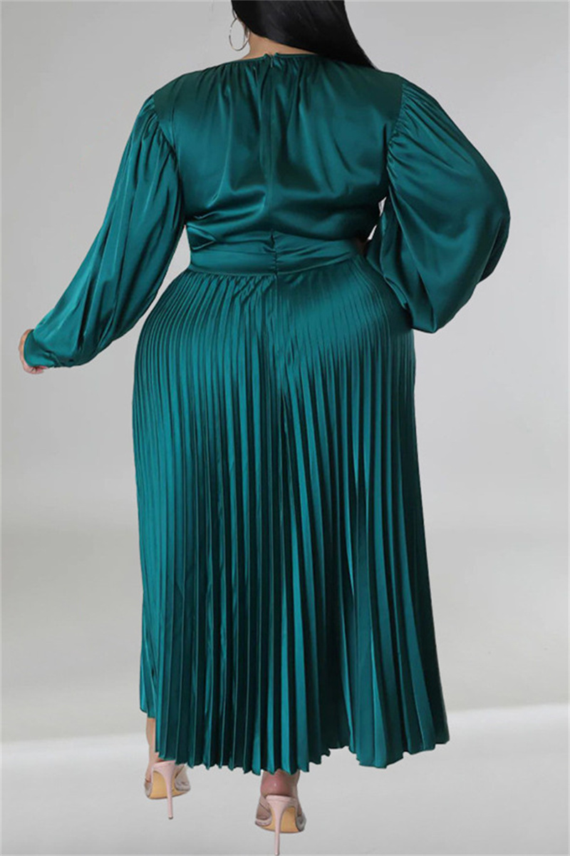 5XL Green Casual Solid Patchwork Fold O Neck Pleated Plus Size Dresses