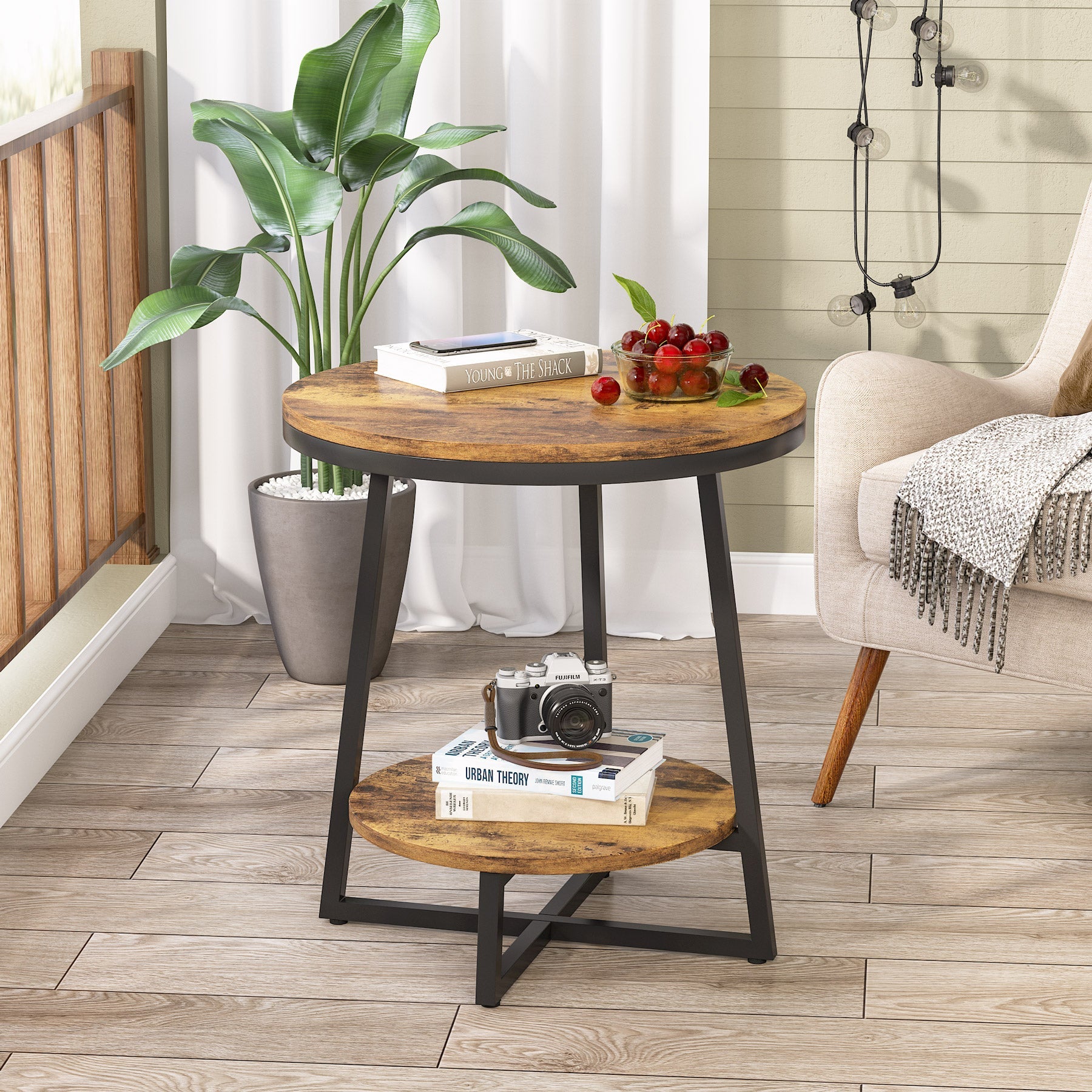 2-Tier End Table, Round Accent Bedside Table with Storage Shelf