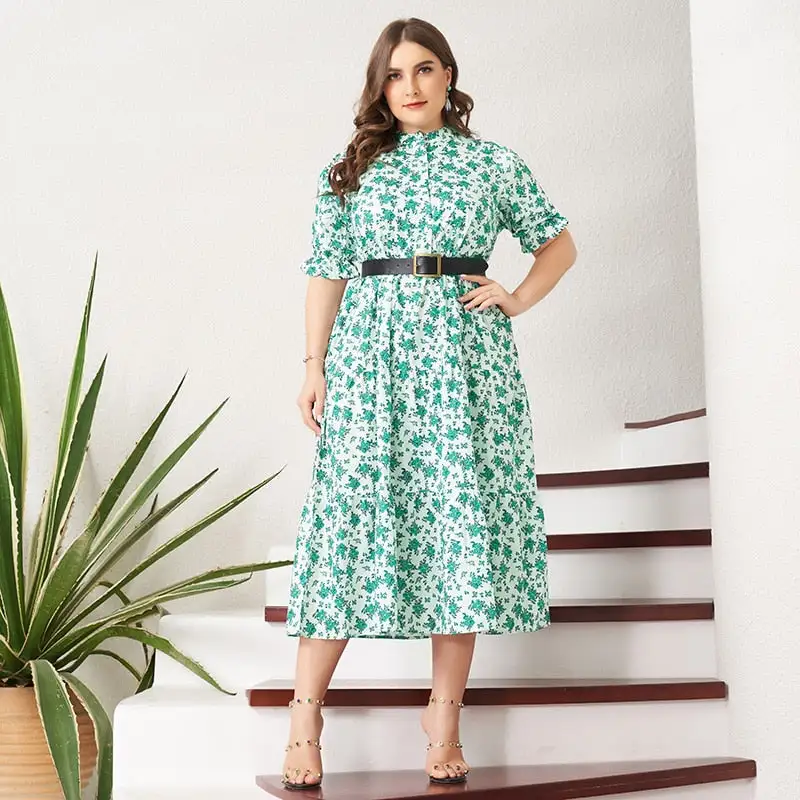 MAI&FUN Summer Women Midi Dress Plus Size Casual Holiday Green Floral Print Latern Short Sleeve Belt Buttons White Sweet Dresses