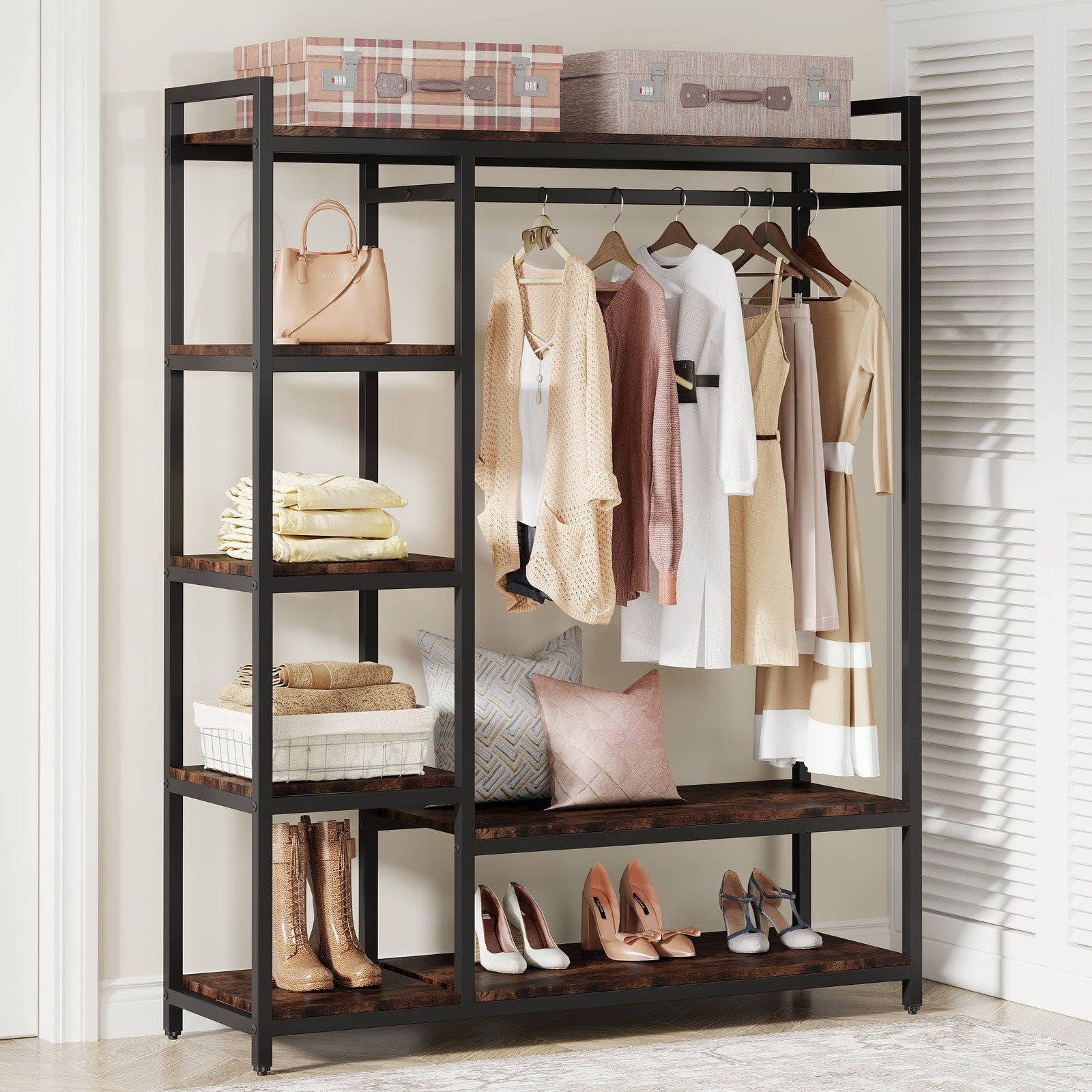 Freestanding Closet Organizer, Garment Rack with 6 Shelves