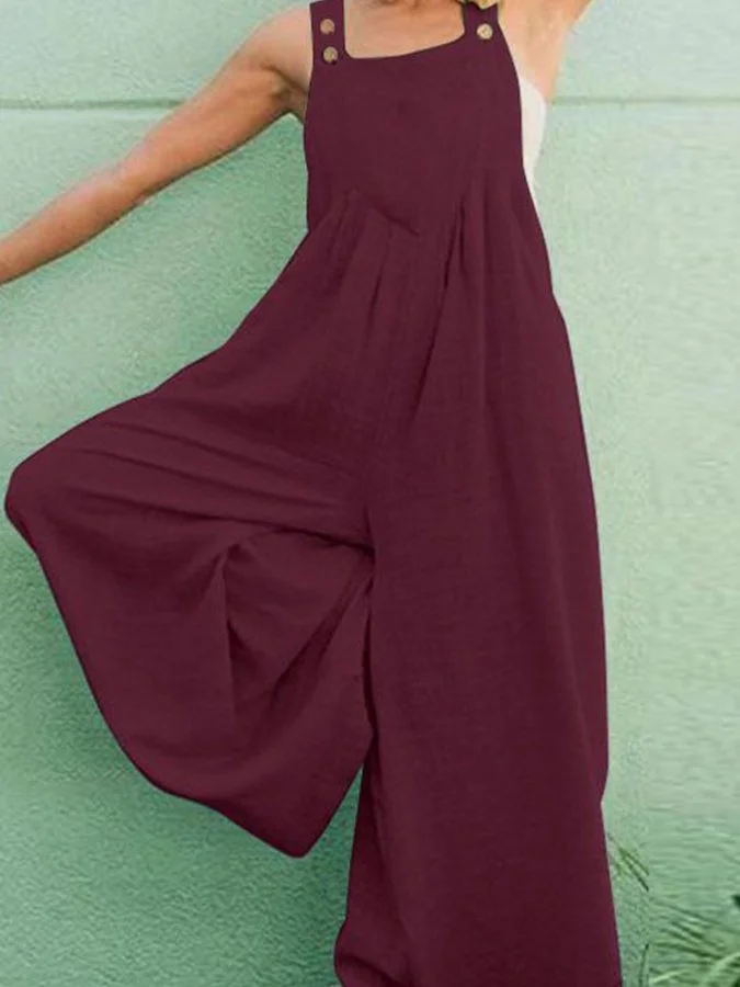 Ladies Cotton Linen Solid Color Strap Long Wide Leg Jumpsuit