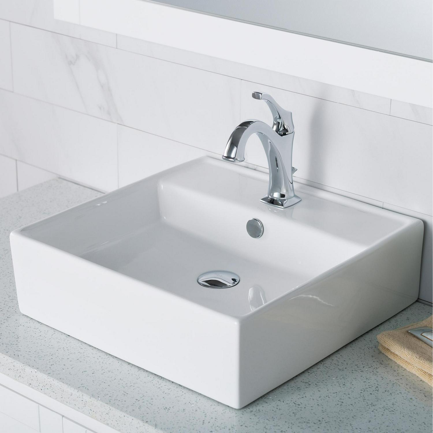 KRAUS Elavo 18 1/2-inch Square White Porcelain Ceramic Bathroom Vessel Sink with Overflow and Arlo Faucet Combo Set with Lift Rod Drain， Chrome Finish