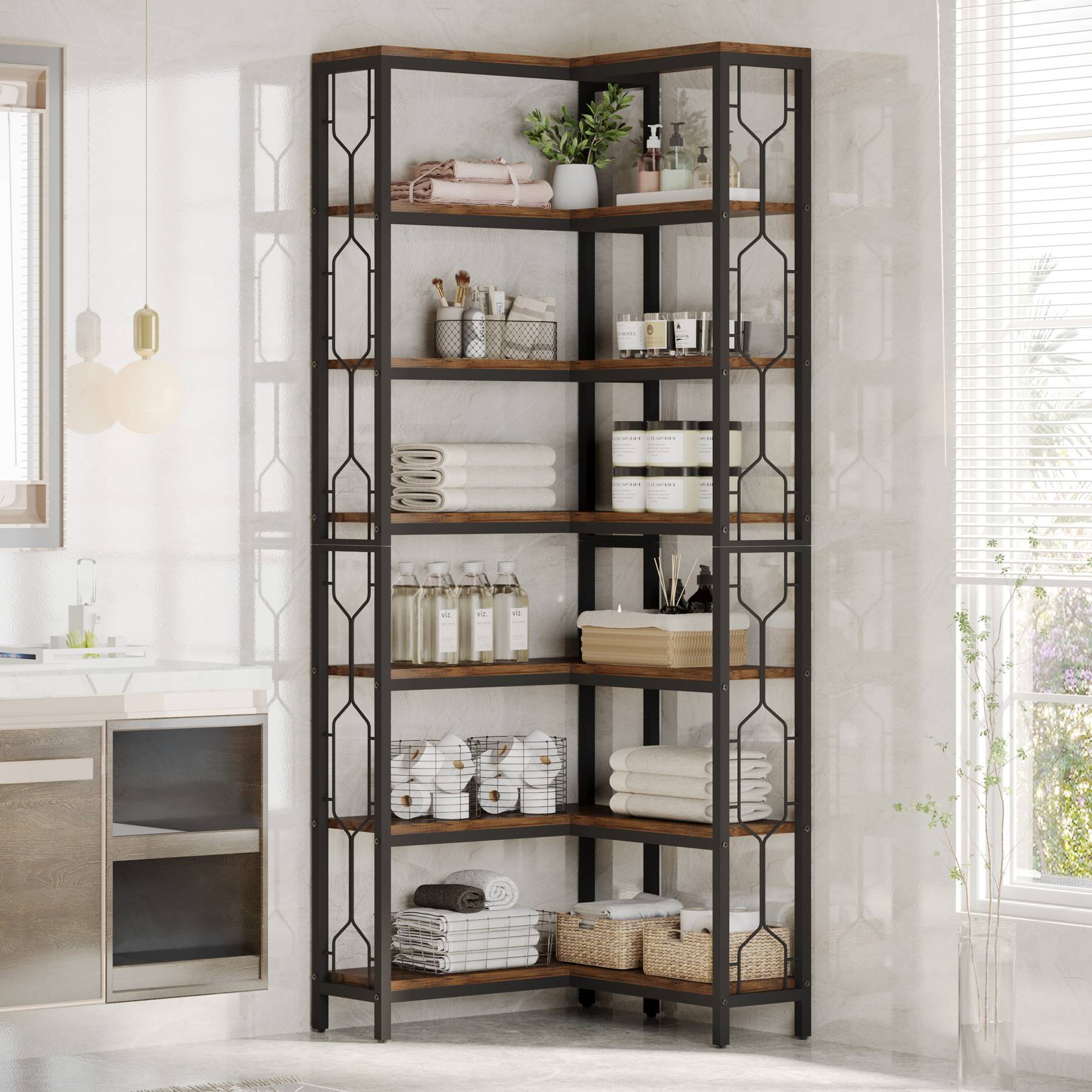 7-Tier Corner Bookshelf, Industrial Corner Etagere Bookcase