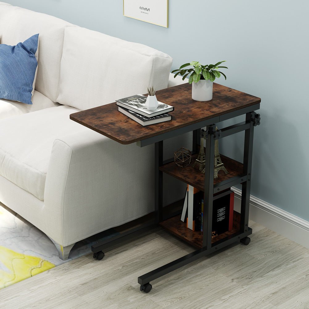 Mobile C Table, Height Adjustable Side Table with Storage Shelves