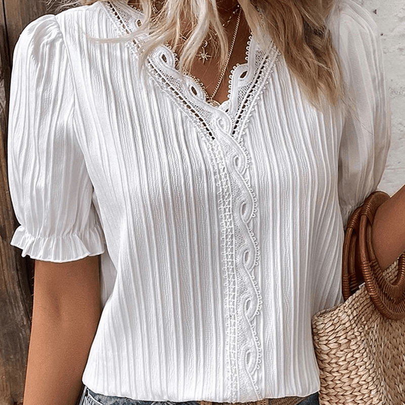 V Neck Plain Lace Elegant Shirt