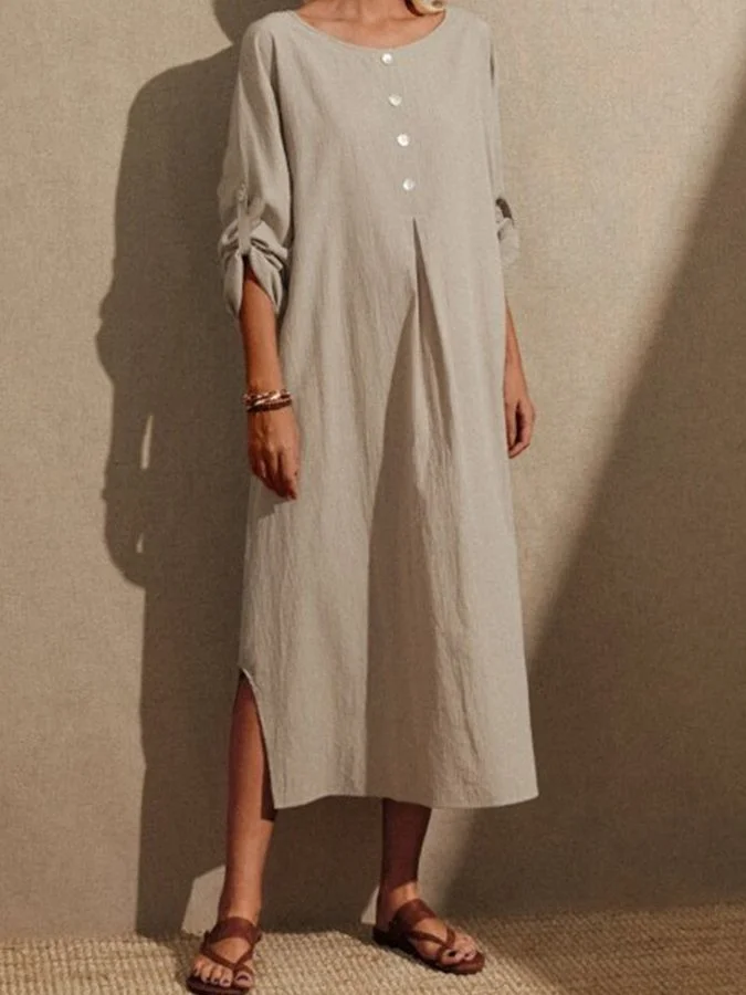 Ladies Cotton Linen Solid Color Round Neck Casual Loose Adjustable Long Sleeve Dress