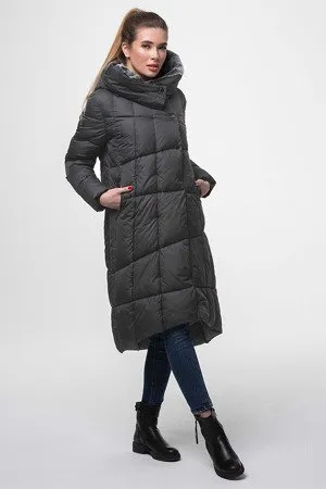 WOMEN'S LONG WINTER JACKET WITH HOOD, GRAPHITE