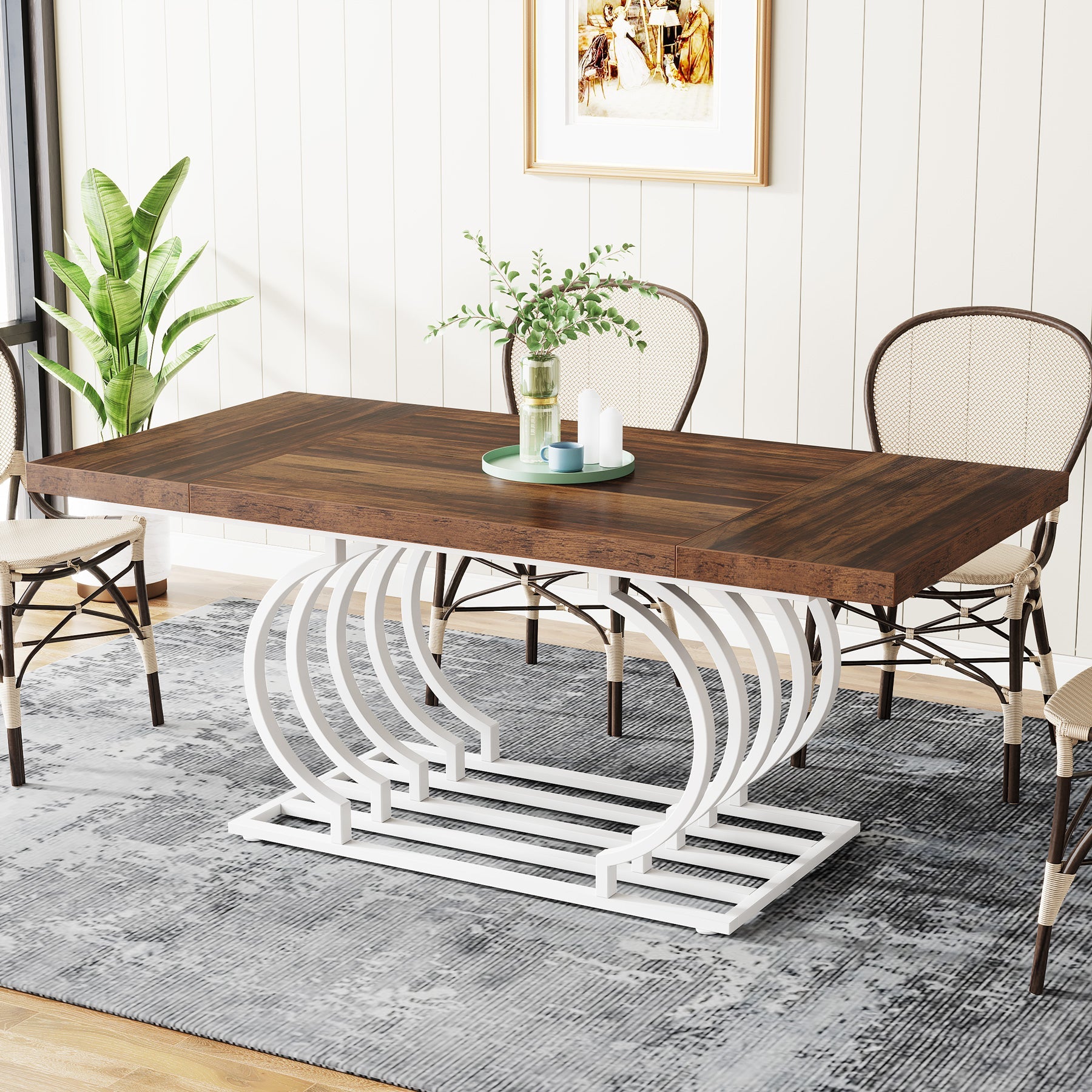 Faux Marble Dining Table, 63 inch Wood Kitchen Table with Geometric Frame