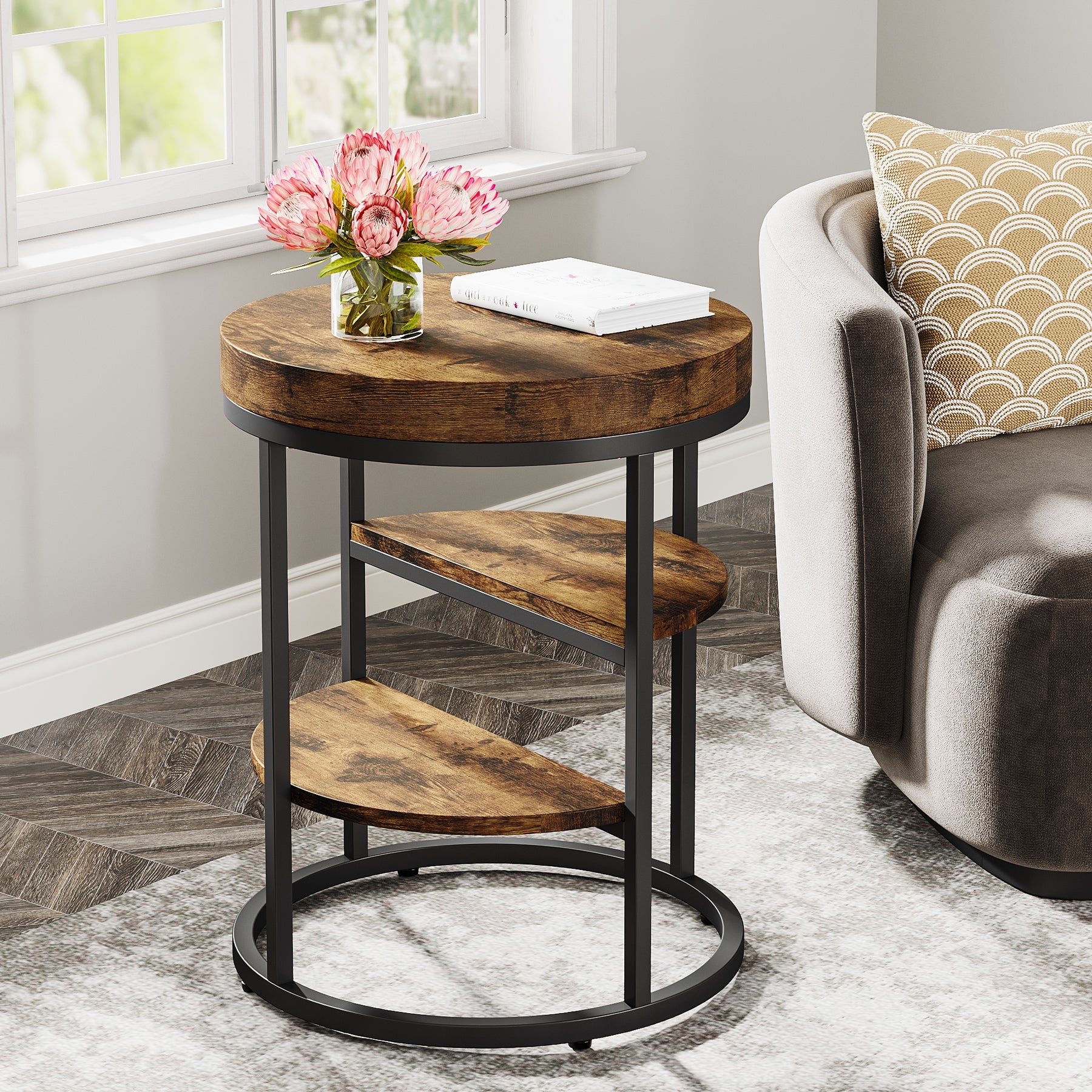 Round End Table, Small  Side Table Nightstand with 3-Tier Shelves