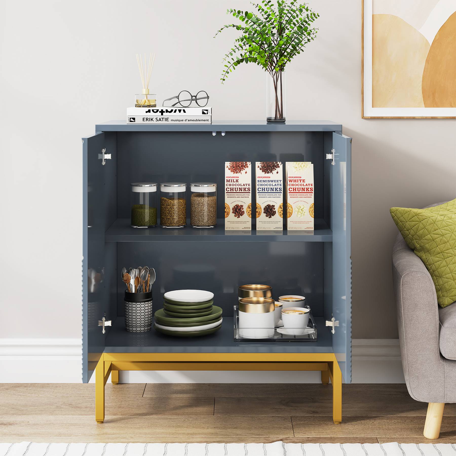 Sideboard Buffet Set of 2, Kitchen Storage Cabinet with Adjustable Shelves