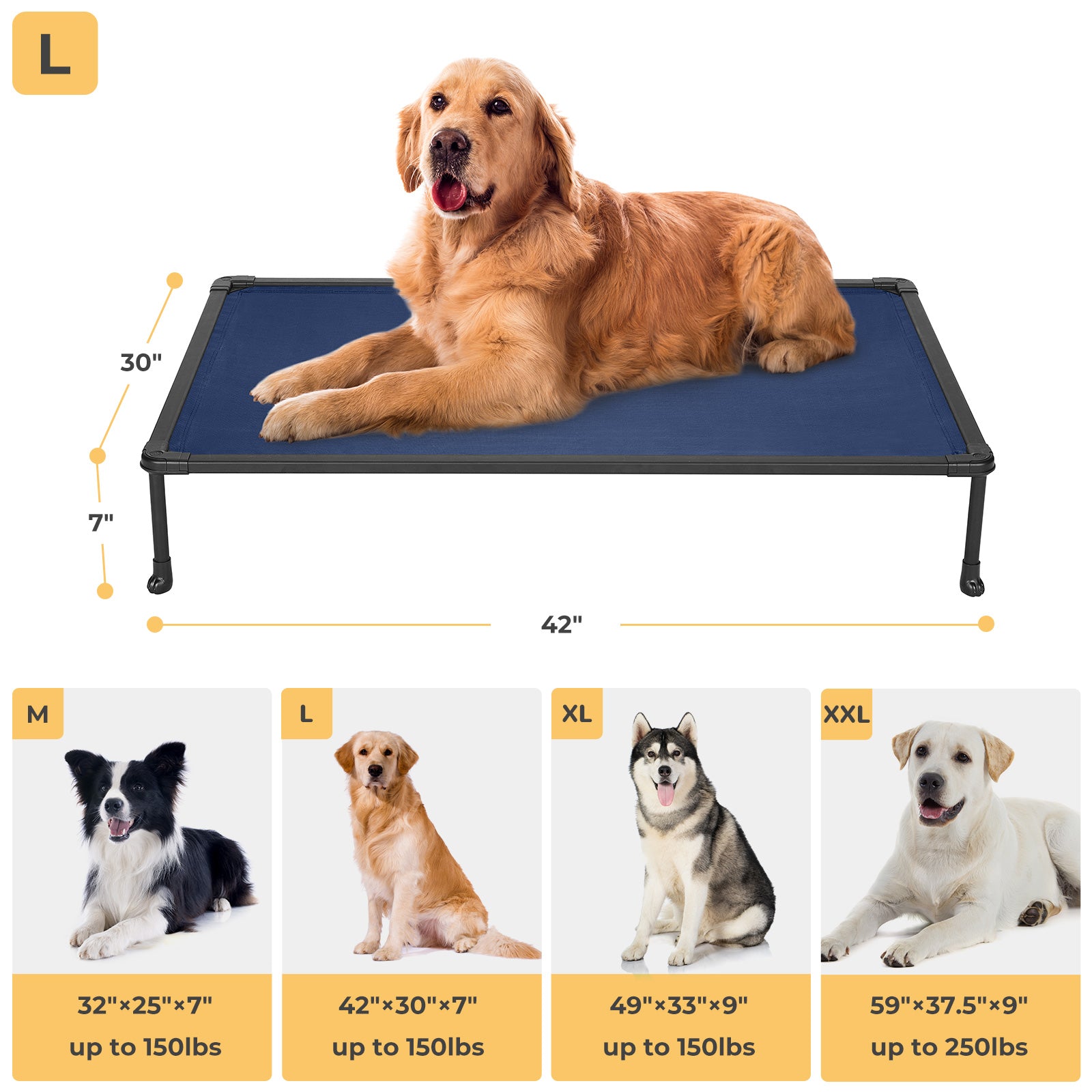 Veehoo Chewproof Dog Bed， Cooling Raised Dog Cots with Black Metal Frame， Large， Blue