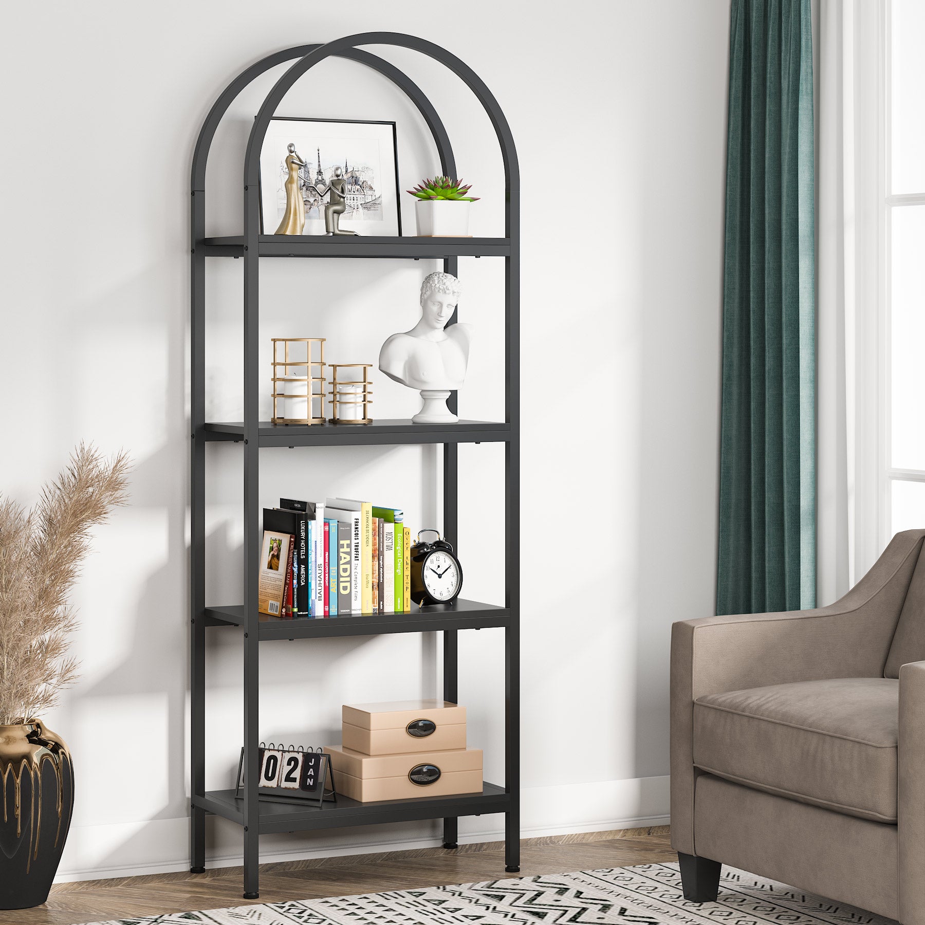 4-Tier / 5-Tier Bookshelf, Arched Bookcase Display Rack with Storage Shelves