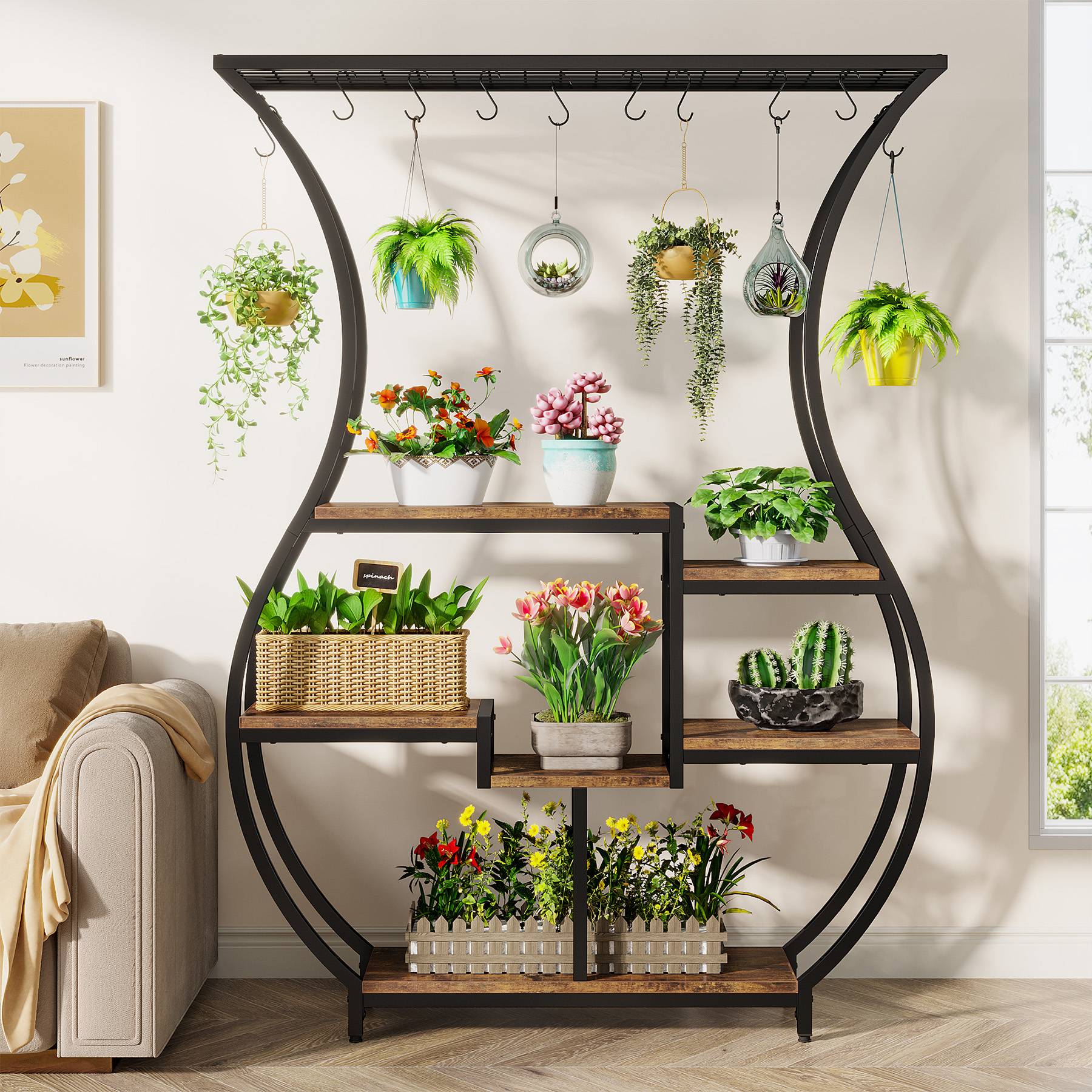 Vase-Shaped Plant Stand, 6-Tier Plant Display Rack with 10 Hanging Hooks