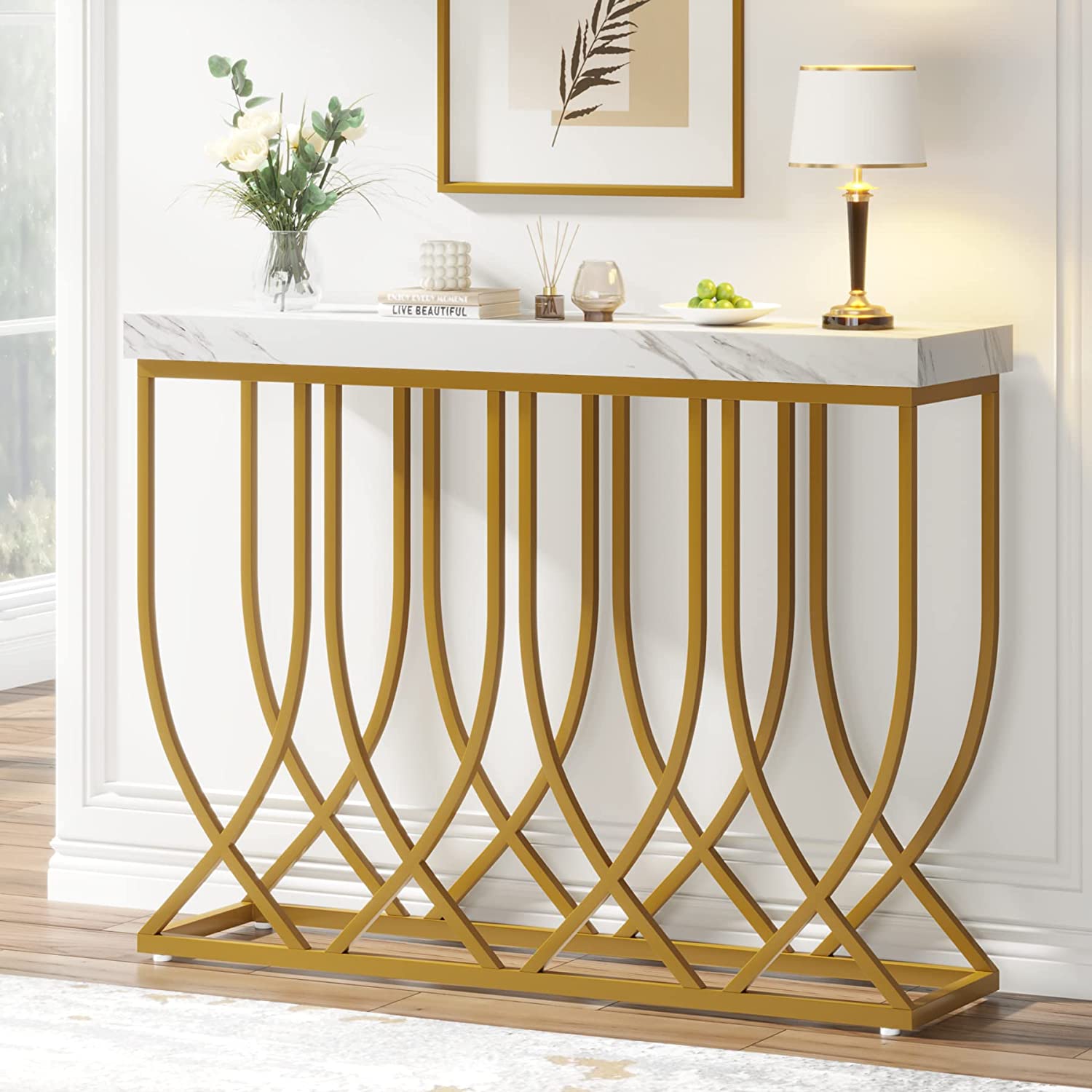 Faux Marble Console Table, 39.4” Sofa Table with Geometric Metal Legs