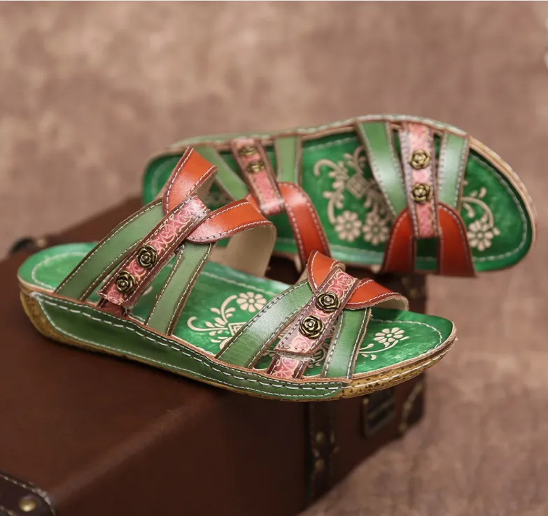 Women Retro Leather Painted Embossed Floral Wedge Sandals