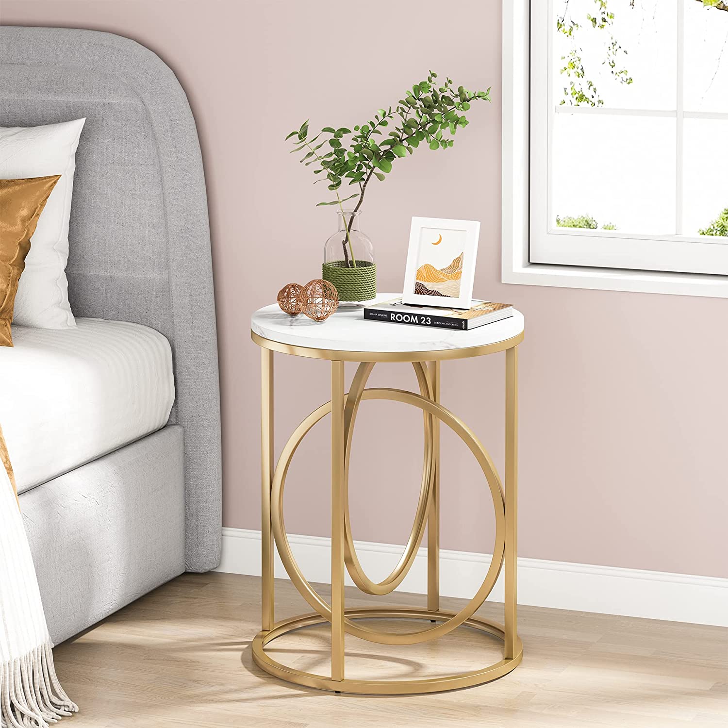 Round End Table, Modern Sofa Side Table with Faux Marble Top