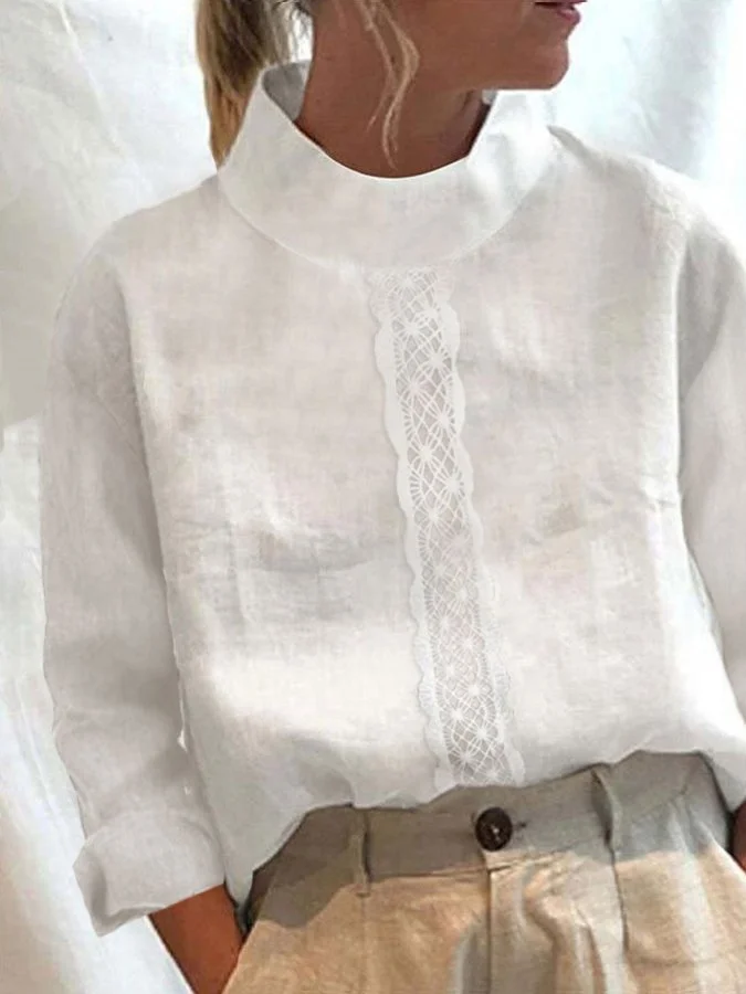 Women's Cotton Linen Lace Panel Turtleneck Long Sleeve Shirt