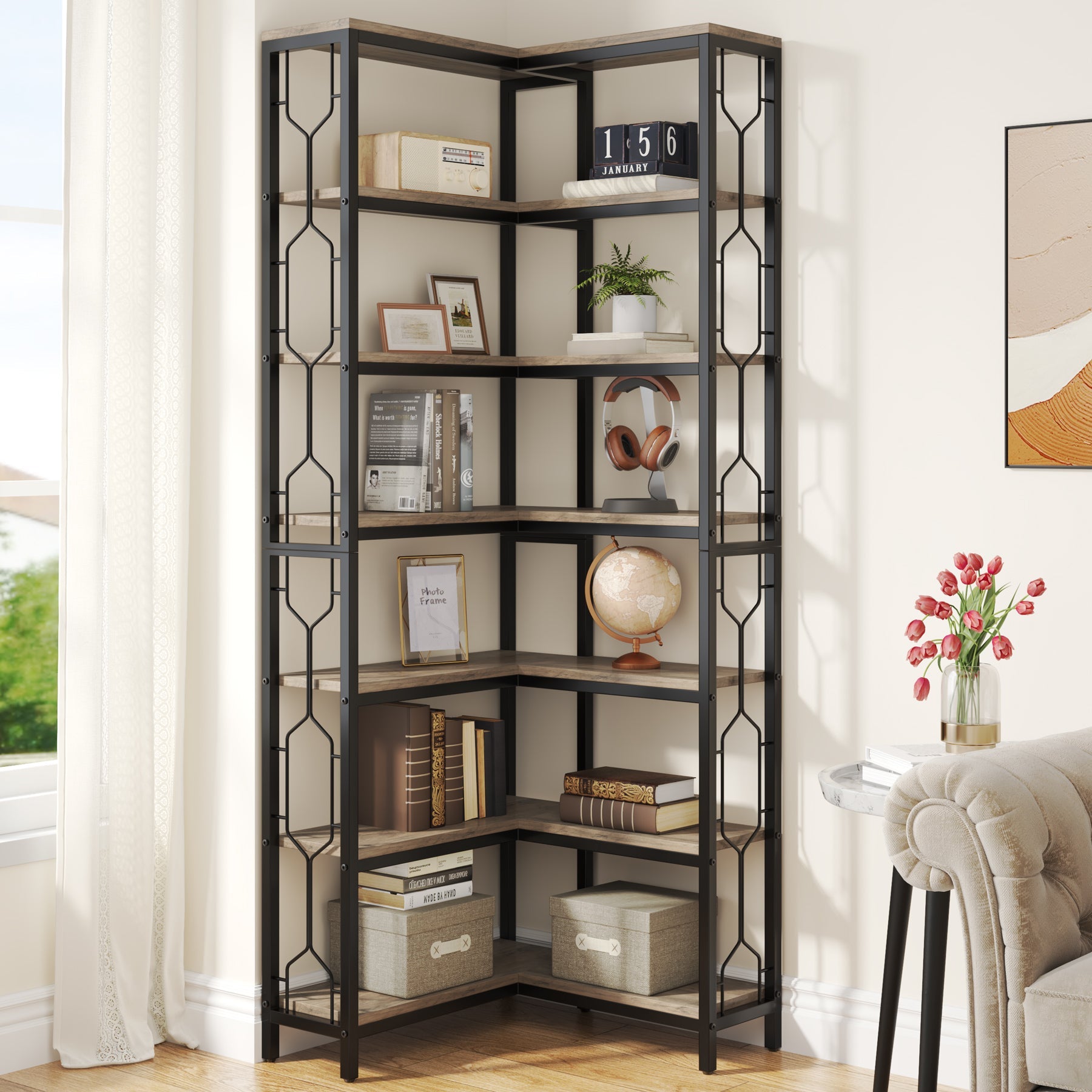 7-Tier Corner Bookshelf, Industrial Corner Etagere Bookcase