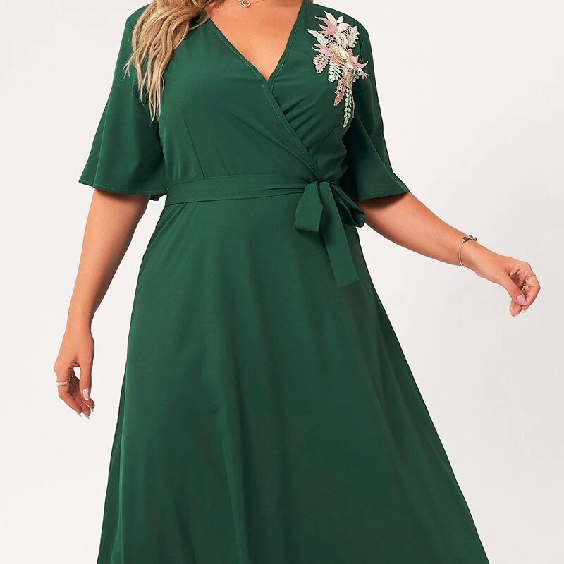 2023 New Summer Maxi Dress Women Plus Size Green Ruffle Half Sleeve Sashes 3D Flower V-neck A-line Vintage Party Long Robes 4XL