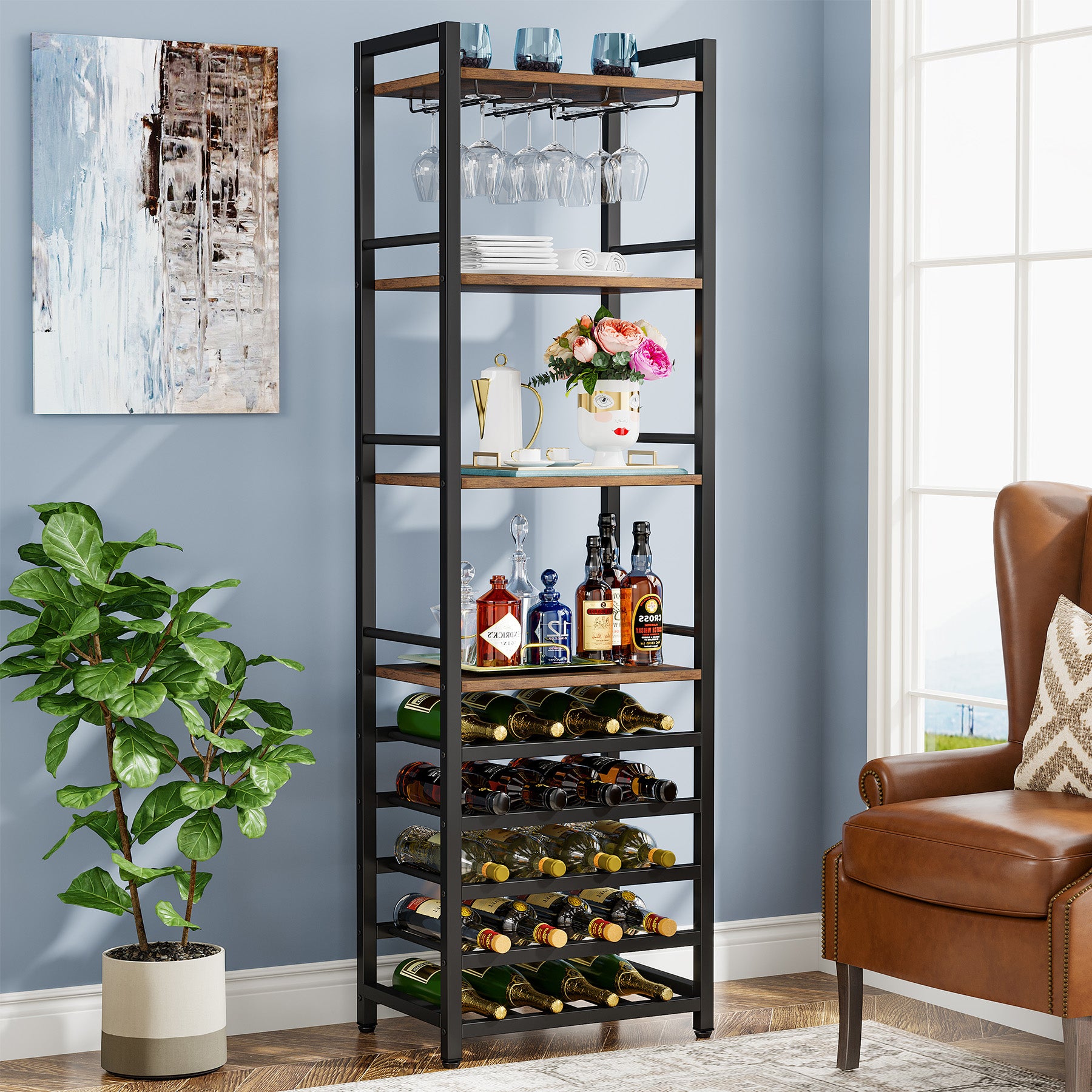 9-Tier Wine Rack, 20 Bottle Wine Bar Cabinet with Glass Holder