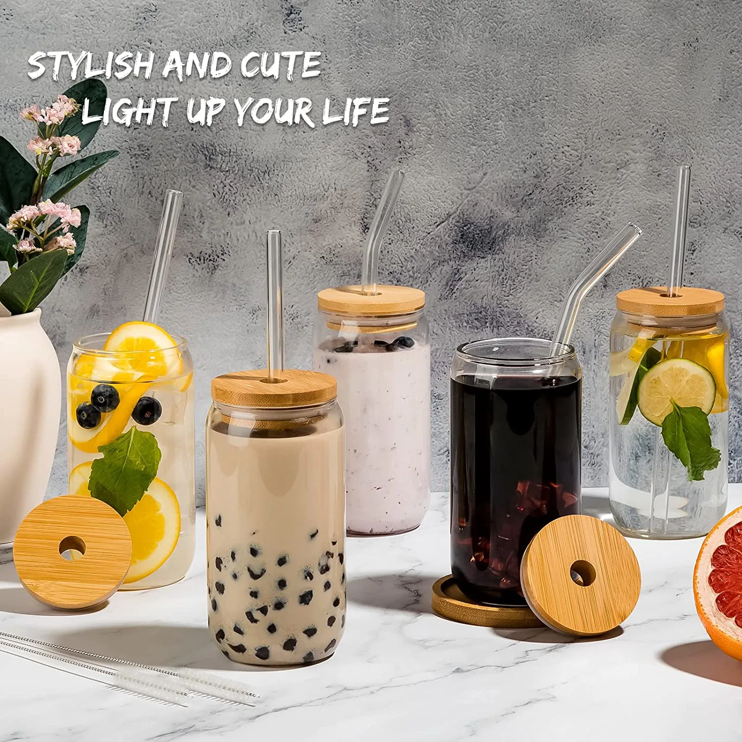 6 Pcs Drinking Glasses with Bamboo Lids and Glass Straw - 16 Oz Can Shaped Glass Cups Beer Glasses Ice Coffee Glasses Cute Tumbler Cup Great for Soda Boba Tea Cocktail Include 2 Cleaning Brushes