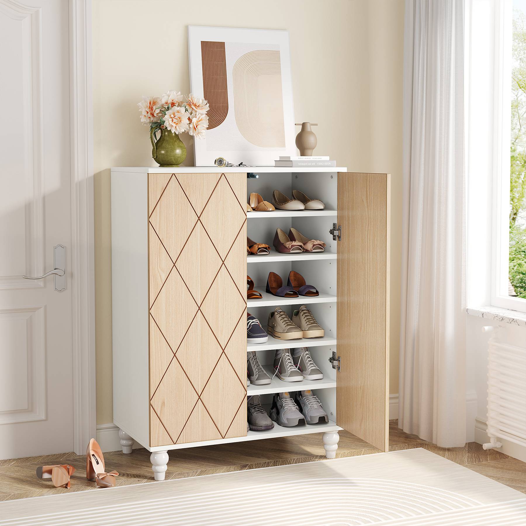 Wooden Shoe Cabinet, 2-Door Shoe Organizer Cabinets with Solid Wood Legs