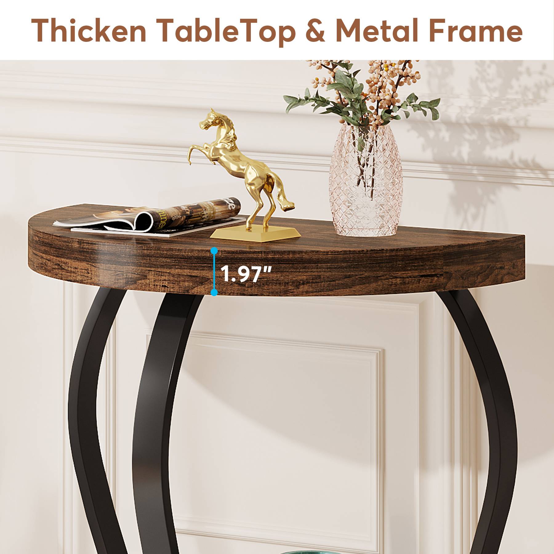 Half-Round End Table, Side Table with 2-Tier Shelves