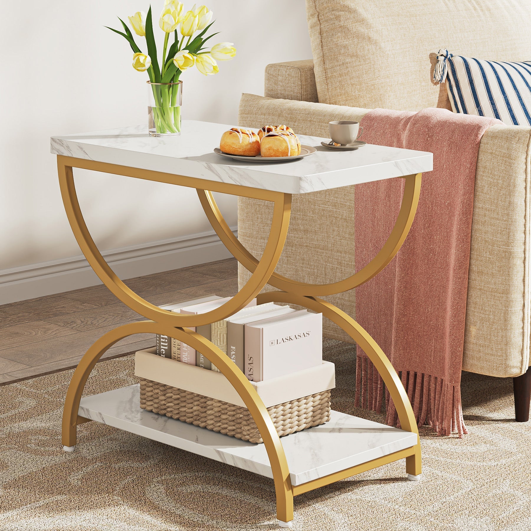 2-Tier End Table, Rectangular Side Table with Stylish Metal Frame