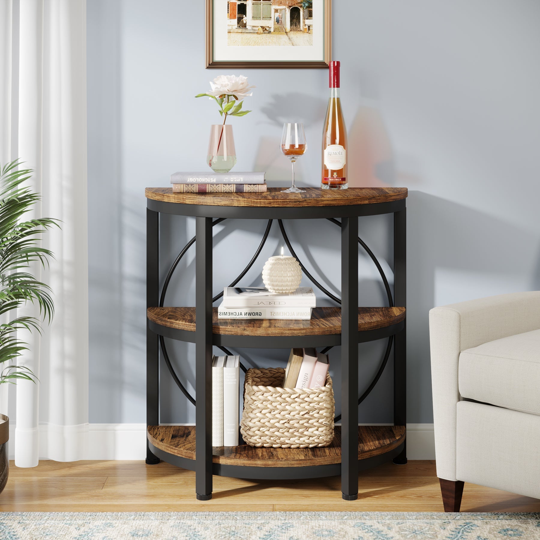 Half-Round End Table, 3-Tier Narrow Side Table with Metal Frame