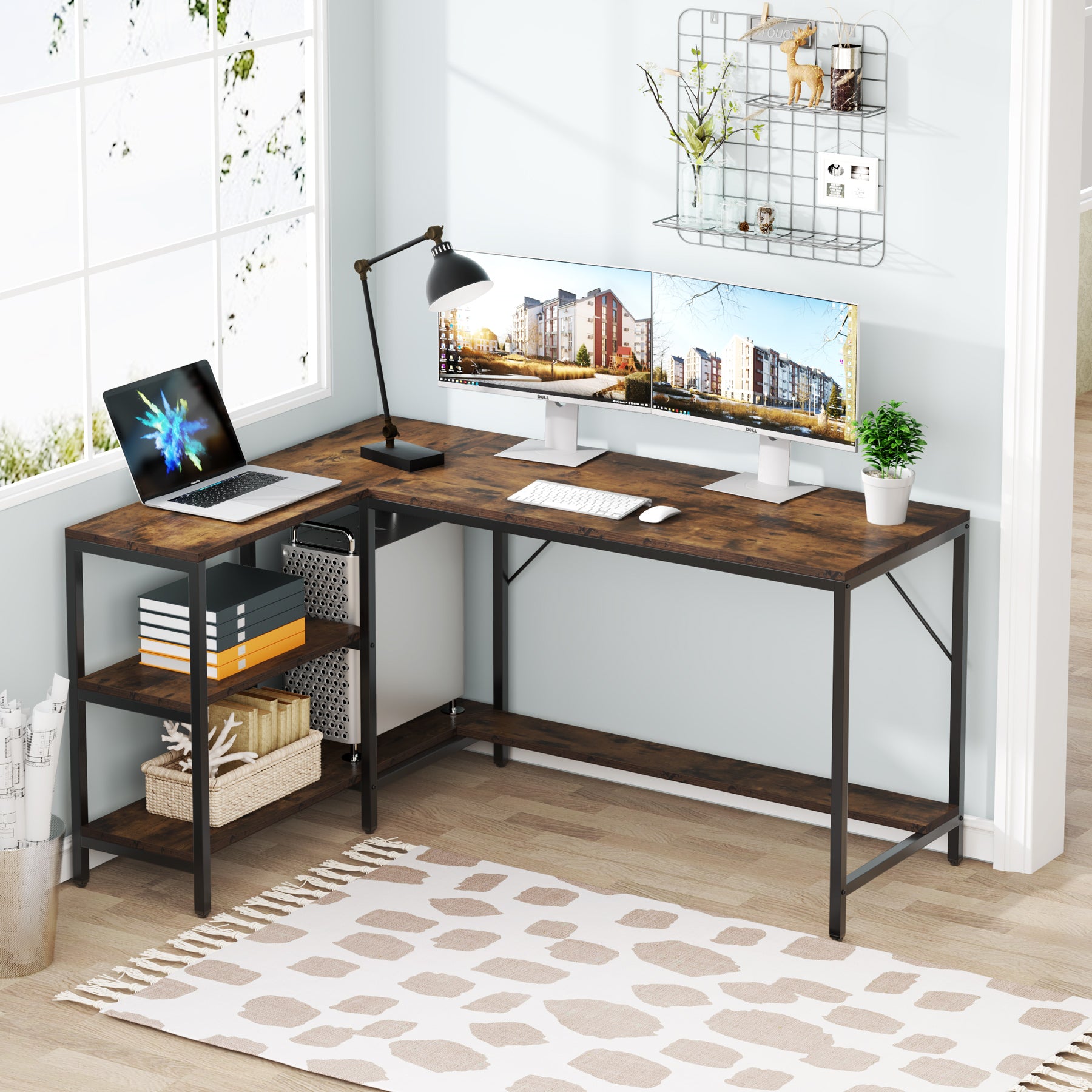 Reversible L-Shaped Desk, Corner Computer Desk with Storage Shelves