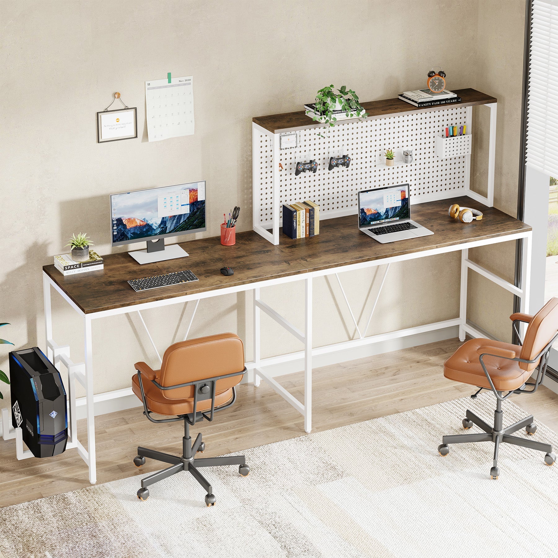 Reversible L-Shaped Desk, 2 IN 1 Two Person Computer Desk with Hutch