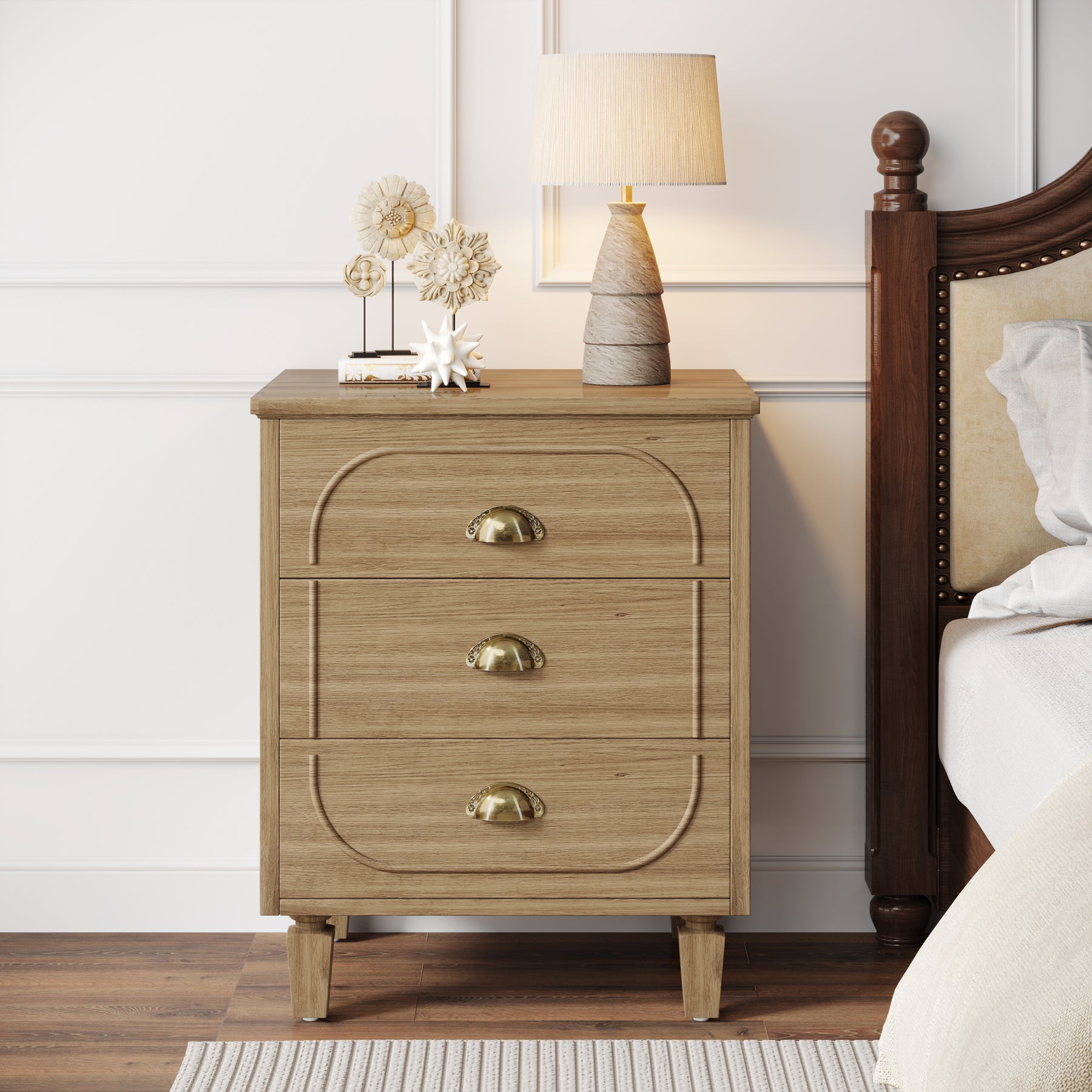 3-Drawer Nightstand, Wood Bed Side Table with Solid Wood Legs