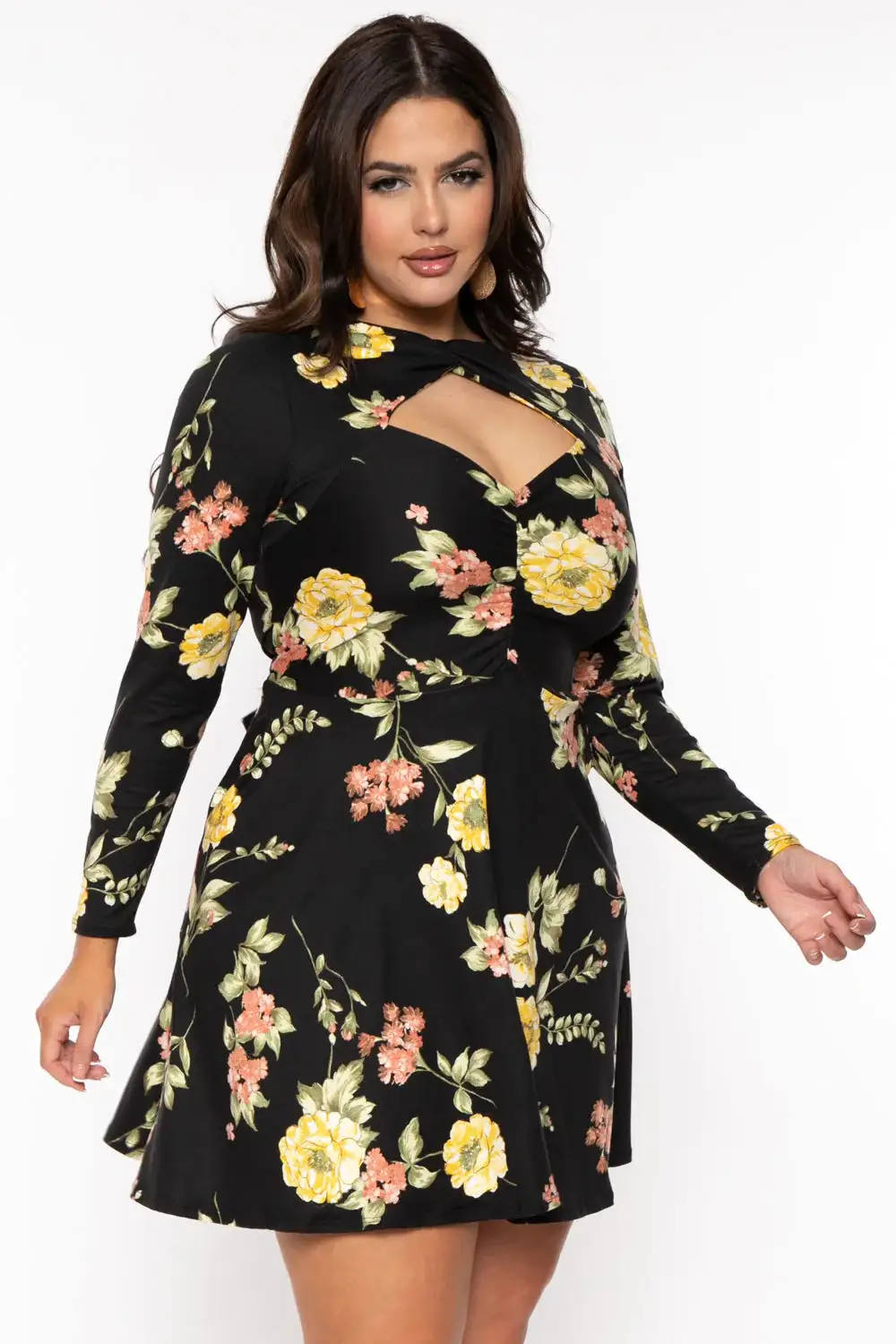 Plus Size Floral Amry Flare Cutout Dress - Black