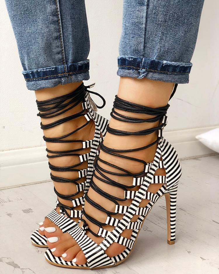 Open Toed Lace-Up Thin Heeled Sandals