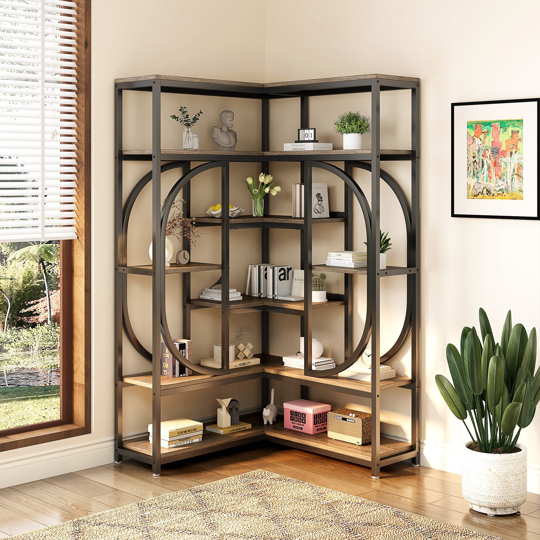 7-Shelf Corner Bookshelf, L-Shaped Bookcase Display Rack