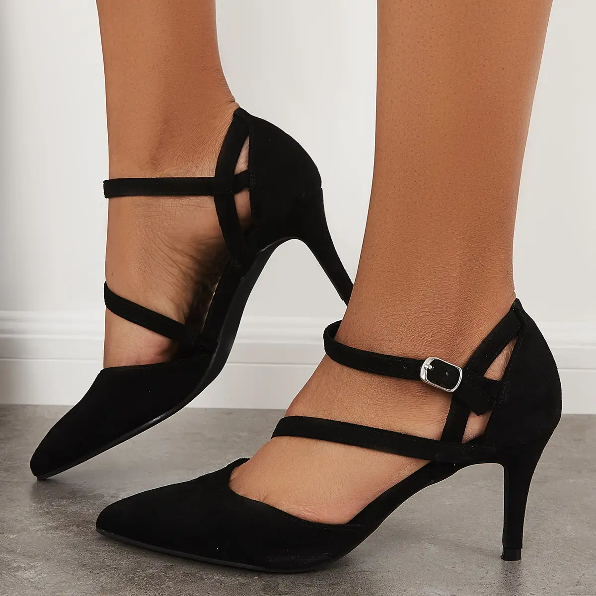 Pointed Toe Ankle Strap Stiletto Pumps Mid Kitten Heel Party Shoes