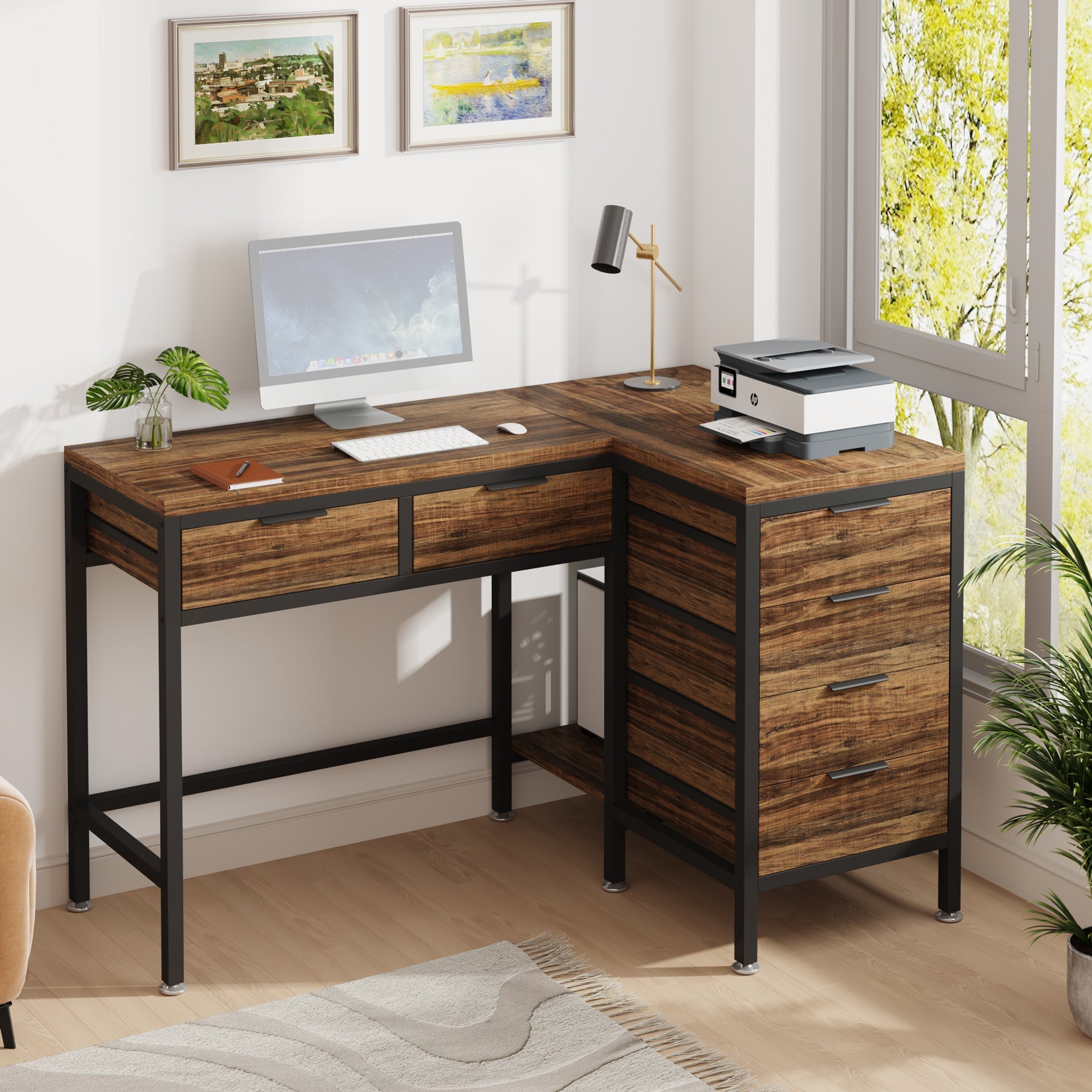 L-Shaped Desk with 6 Drawers, 47