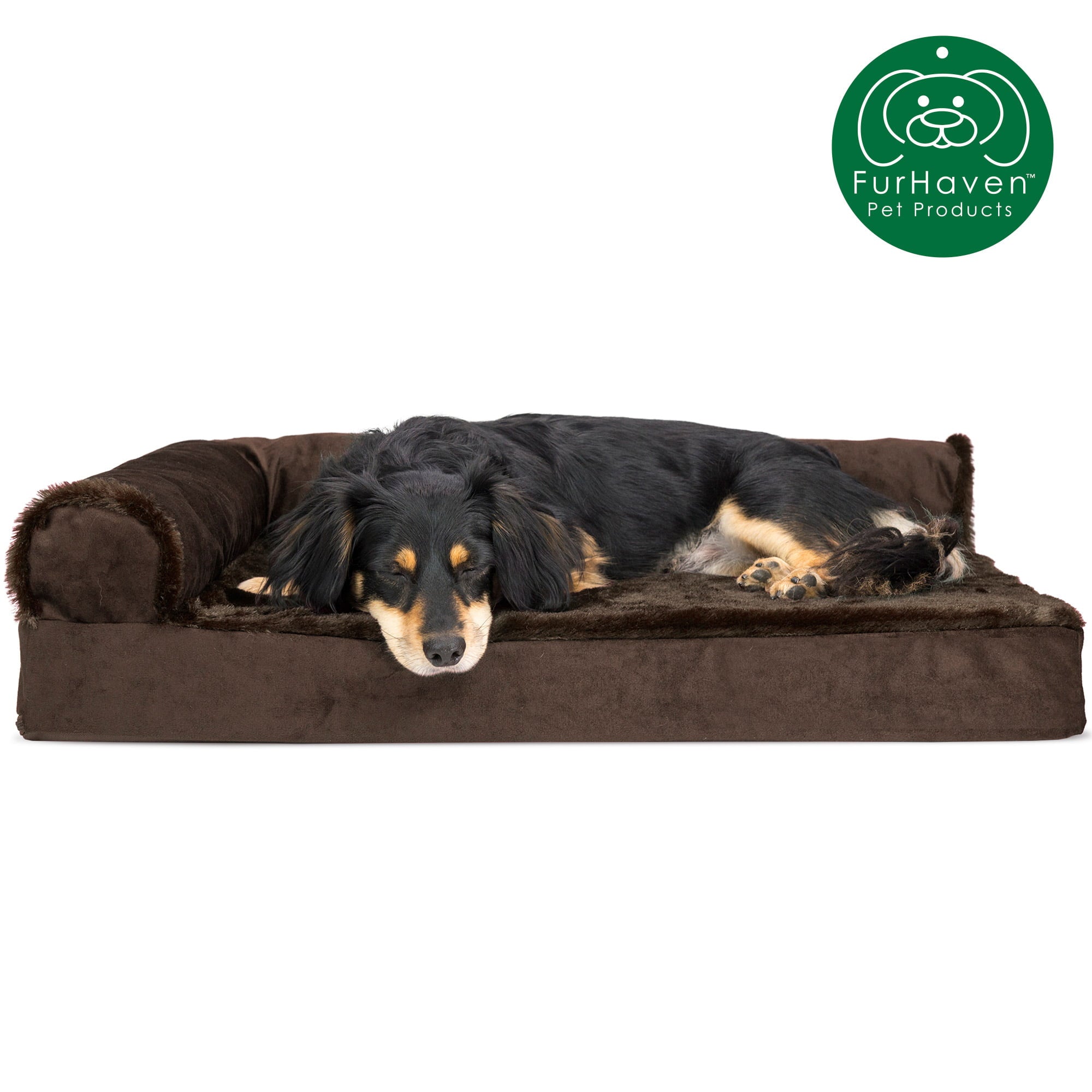 FurHaven Pet Products | Deluxe Cooling Gel Memory Foam Orthopedic Plush and Velvet L-Shaped Lounge Pet Bed for Dogs and Cats， Sable Brown， Medium