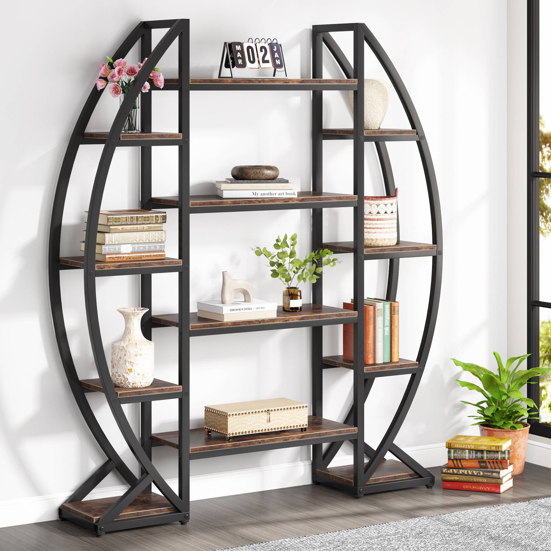 Industrial Bookshelf, Oval Triple Wide Etagere Bookcases Display Shelves