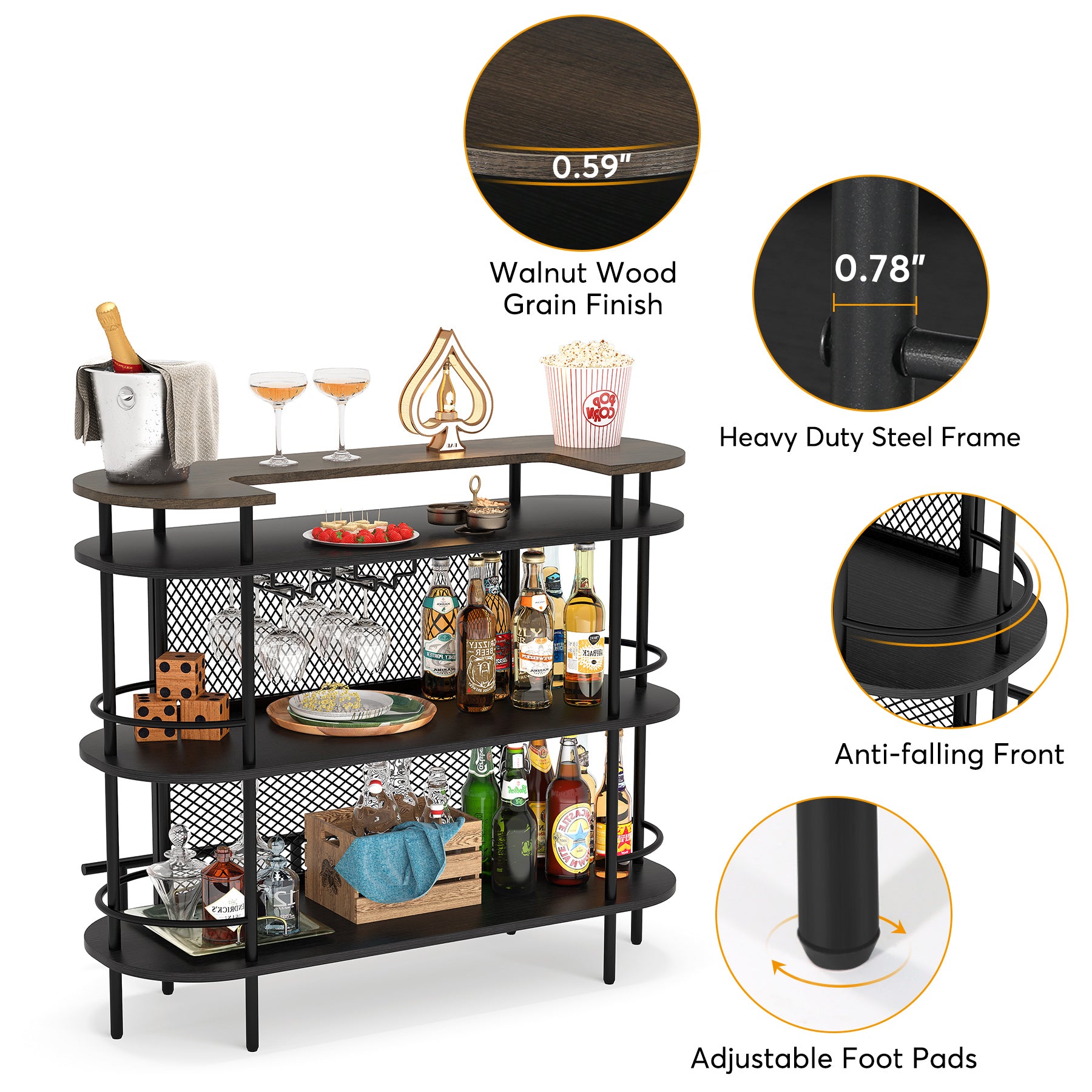 Bar Unit for Liquor, 4-Tier Bar Cabinet with Storage Shelves and Footrest