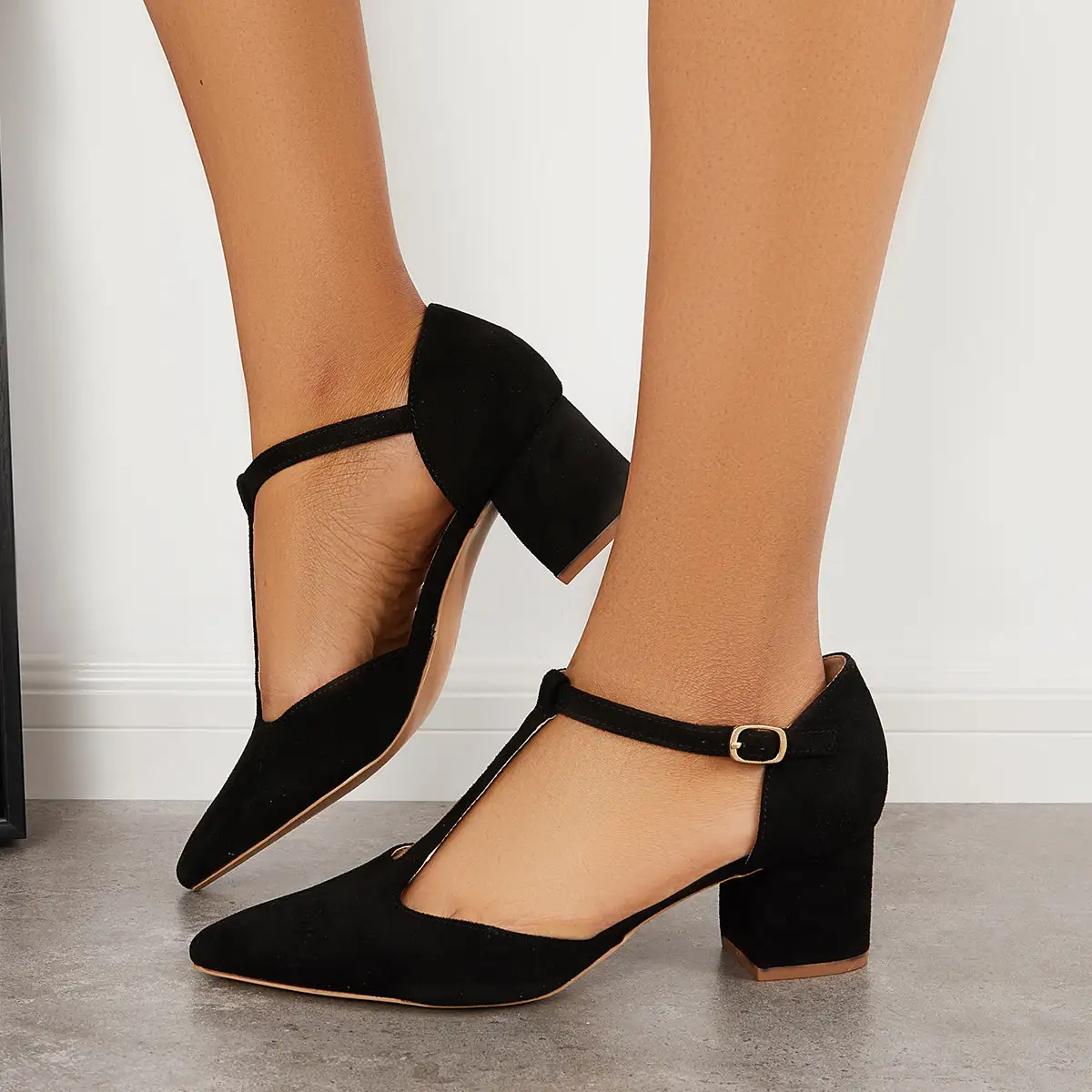 Pointed Toe T-Strap Pumps Ankle Strap Block Heel Shoes