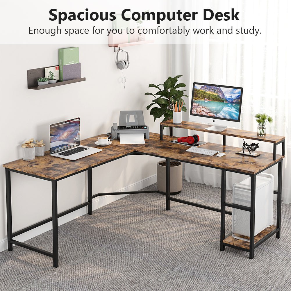 Industrial L-Shaped Desk, Corner Computer Desk with Monitor Stand & Shelves