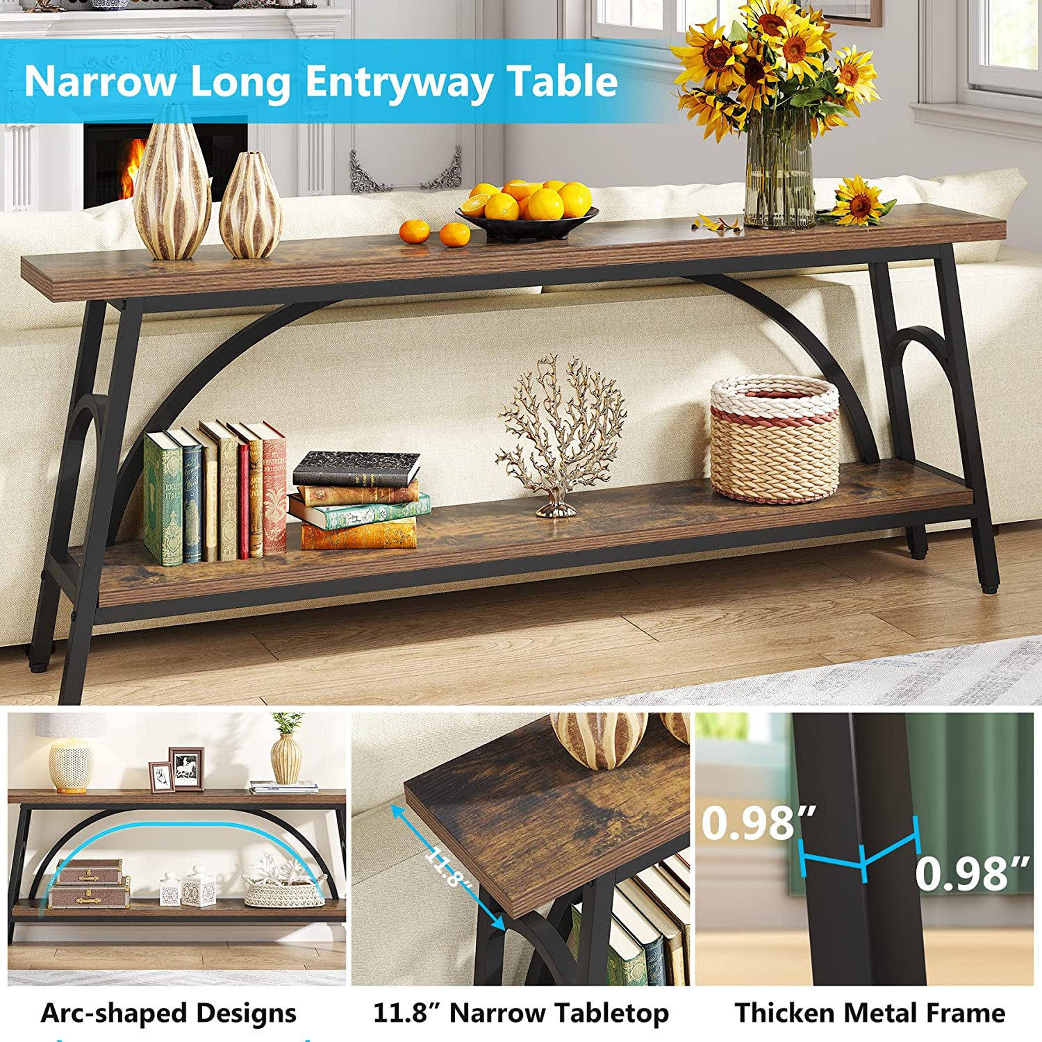 2-Tier Console Table, 70.8” Sofa Table Hallway Table with Open Shelves