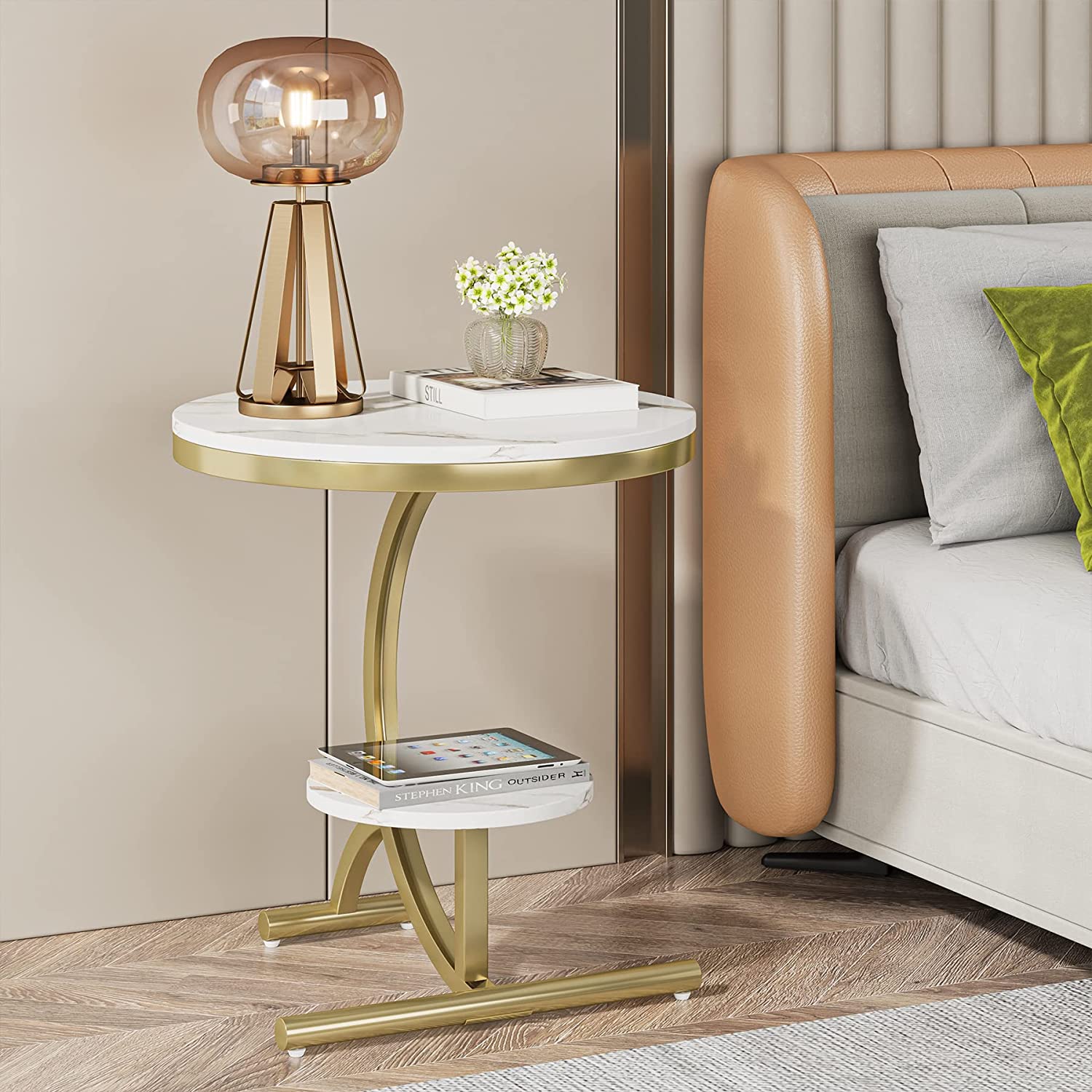 Faux Marble End Table, 2-Tier Round Sofa Side Table