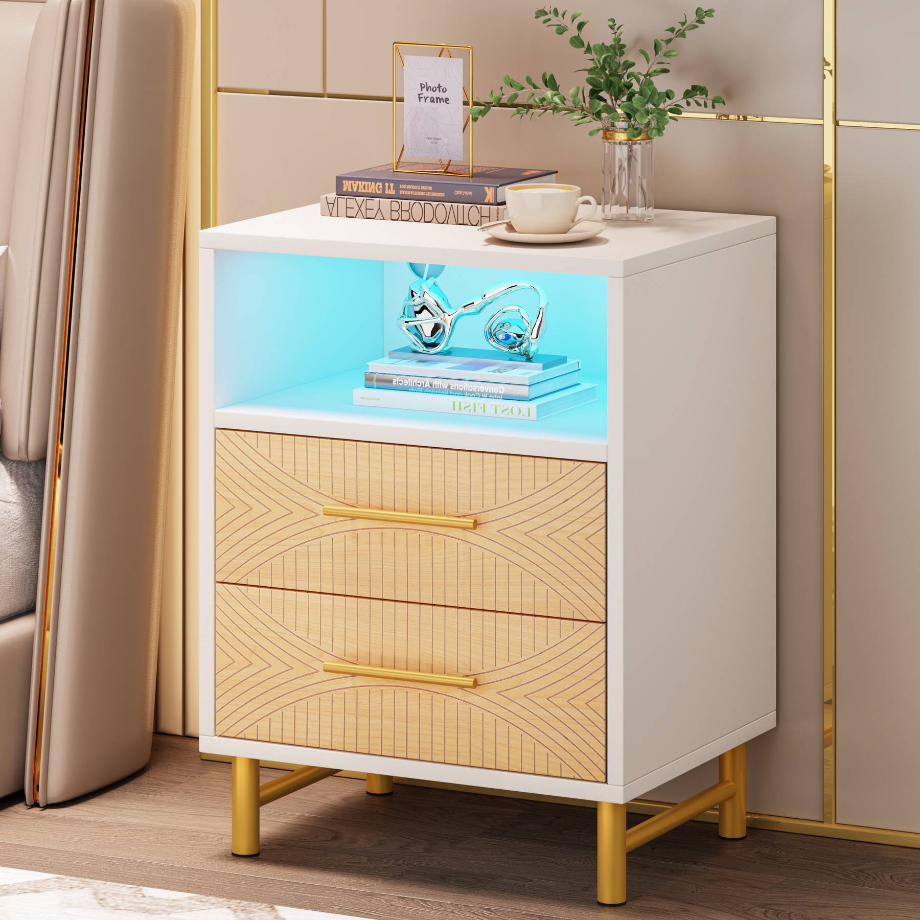 2-Drawer Nightstand, LED Bedside Table with Open Storage