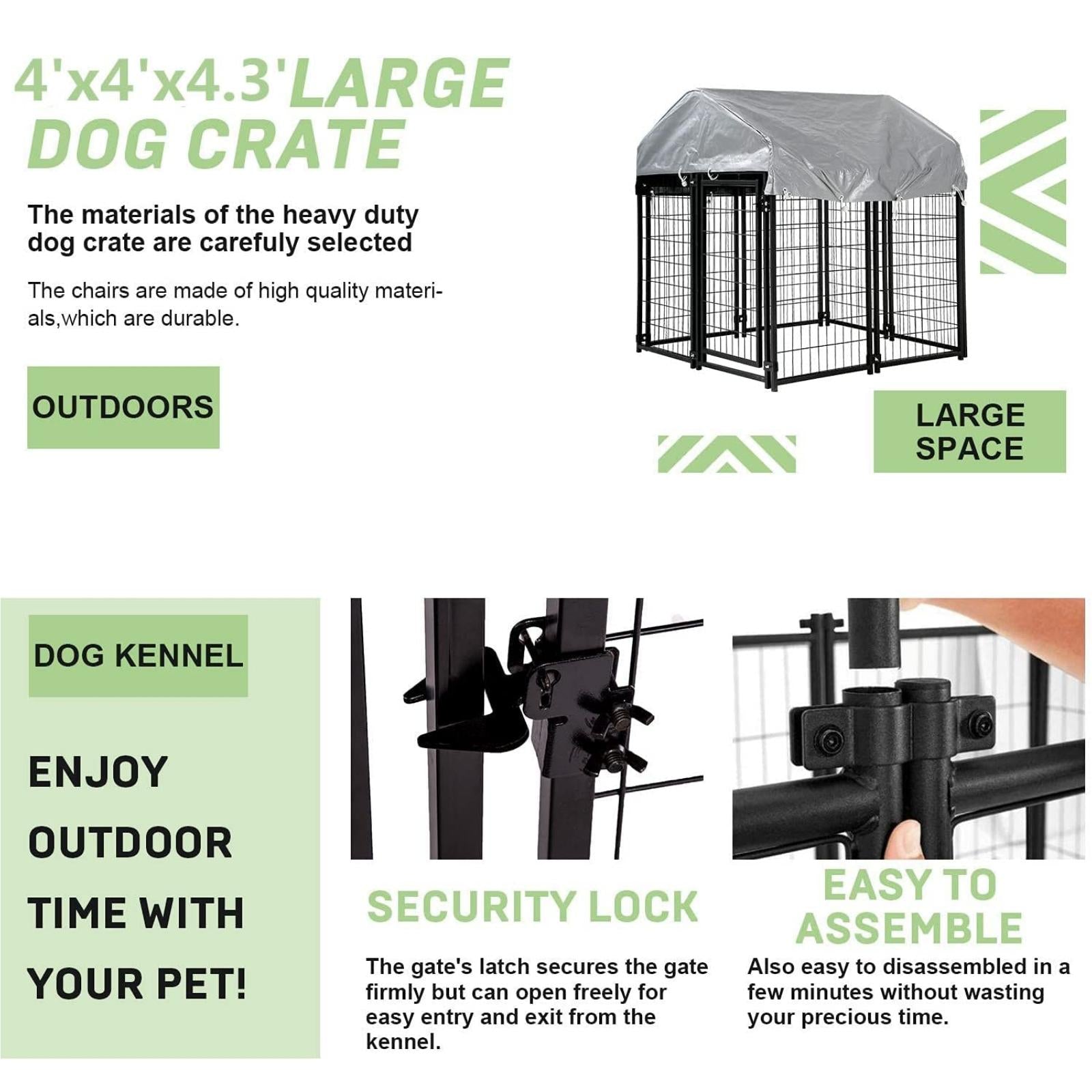 Large Dog Kennel 4'x4'x4.4' Heavy Duty Welded Wire Dog Cage with Water Resistant Cover， Outdoor Dog House with Mesh Sidewallsand Secure Lock for Large Dogs， Black