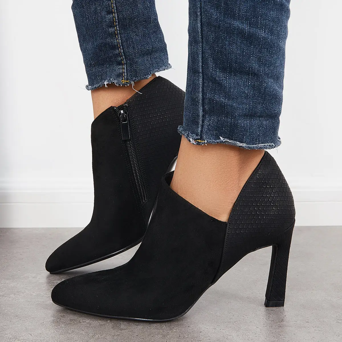 Pointed Toe V Cutout High Heel Ankle Boots Side Zip Dress Booties