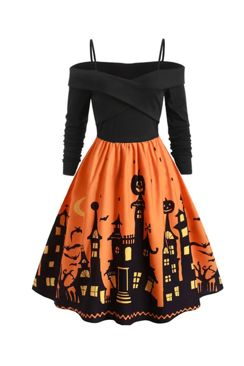 Orange Halloween Spaghetti Straps Long Sleeves Vintage Dress