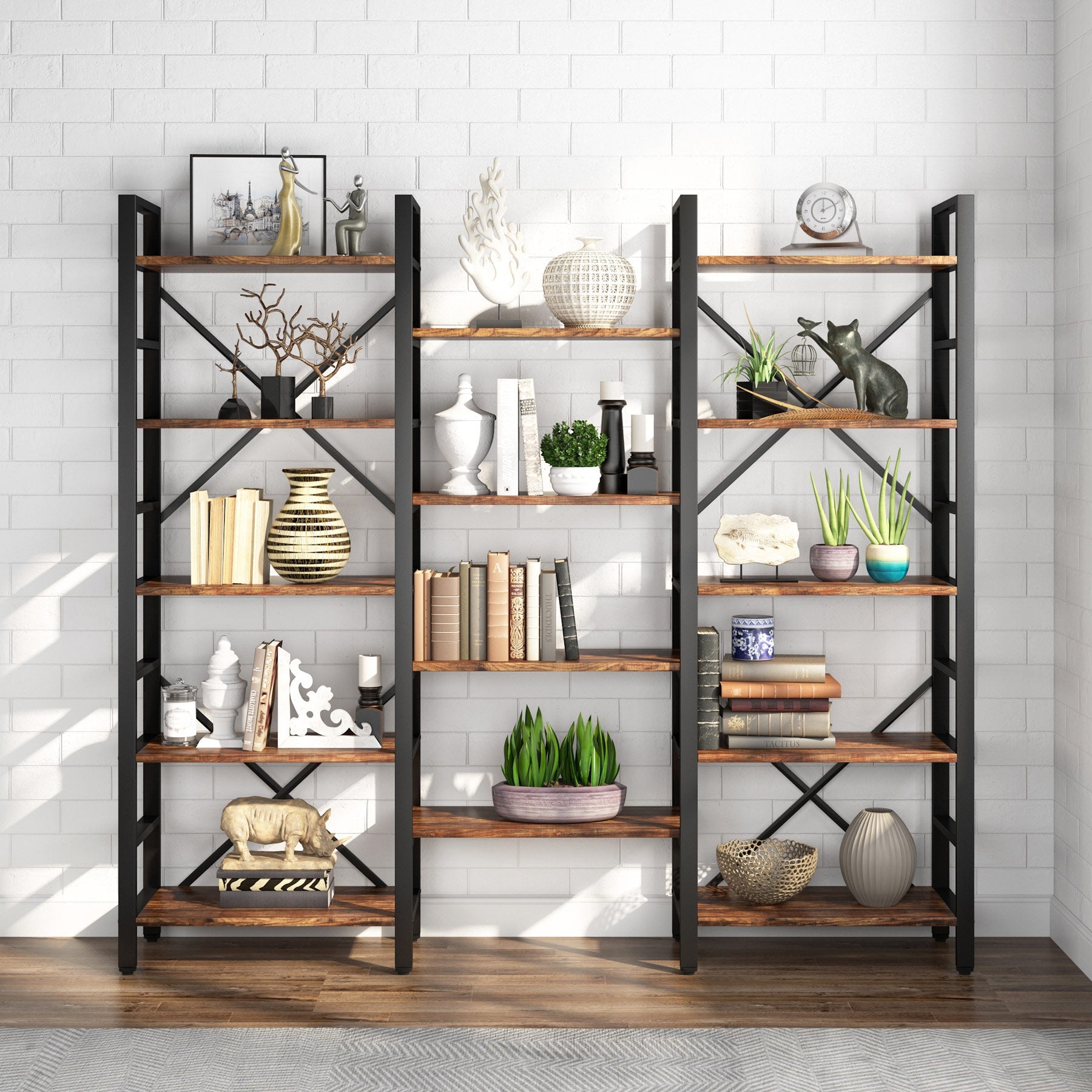 Industrial Bookshelf, Triple Wide 14-Shelves Etagere Bookcase